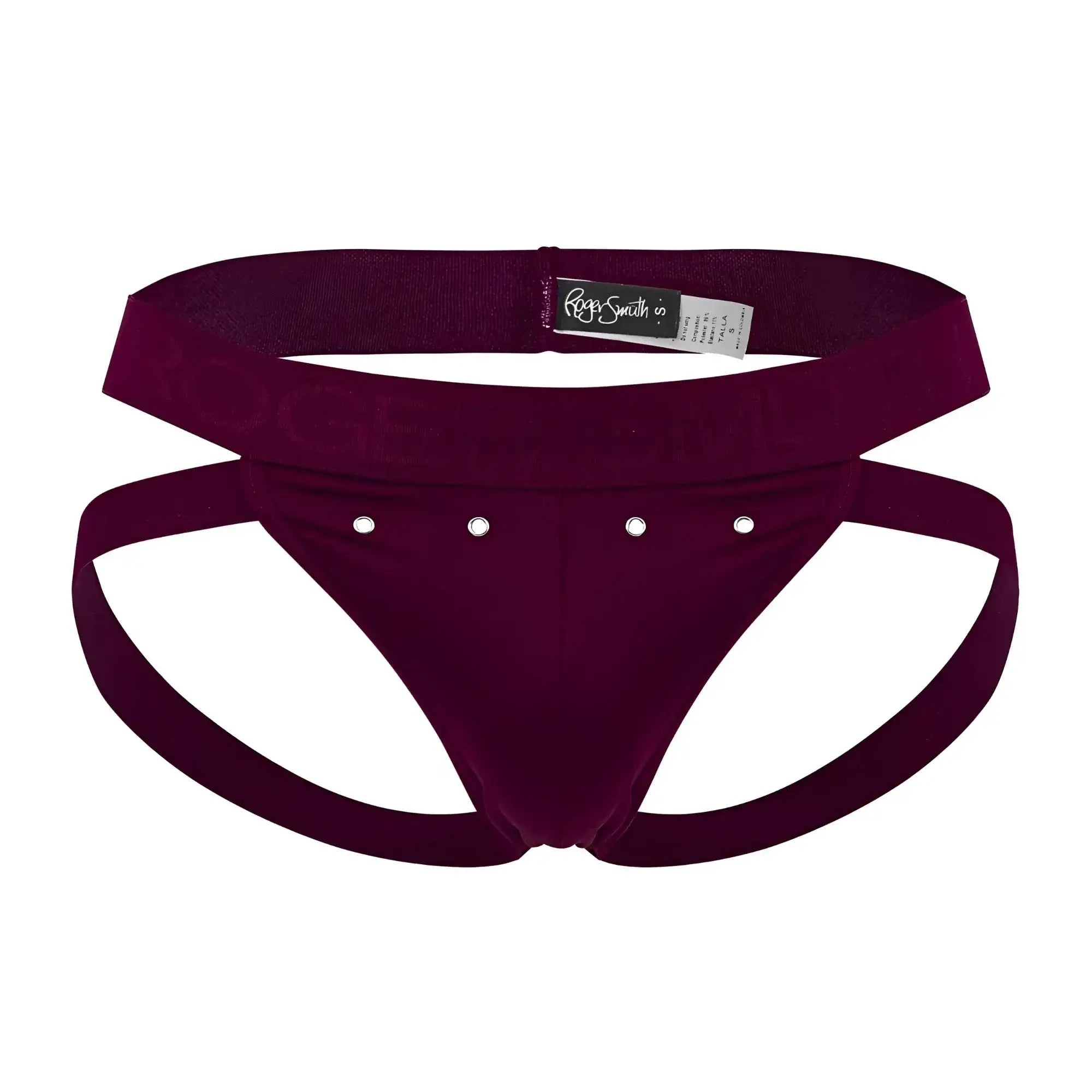 Maroon velvet athletic briefs with silver studs and a roger smuth branded elastic waistband in burgundy