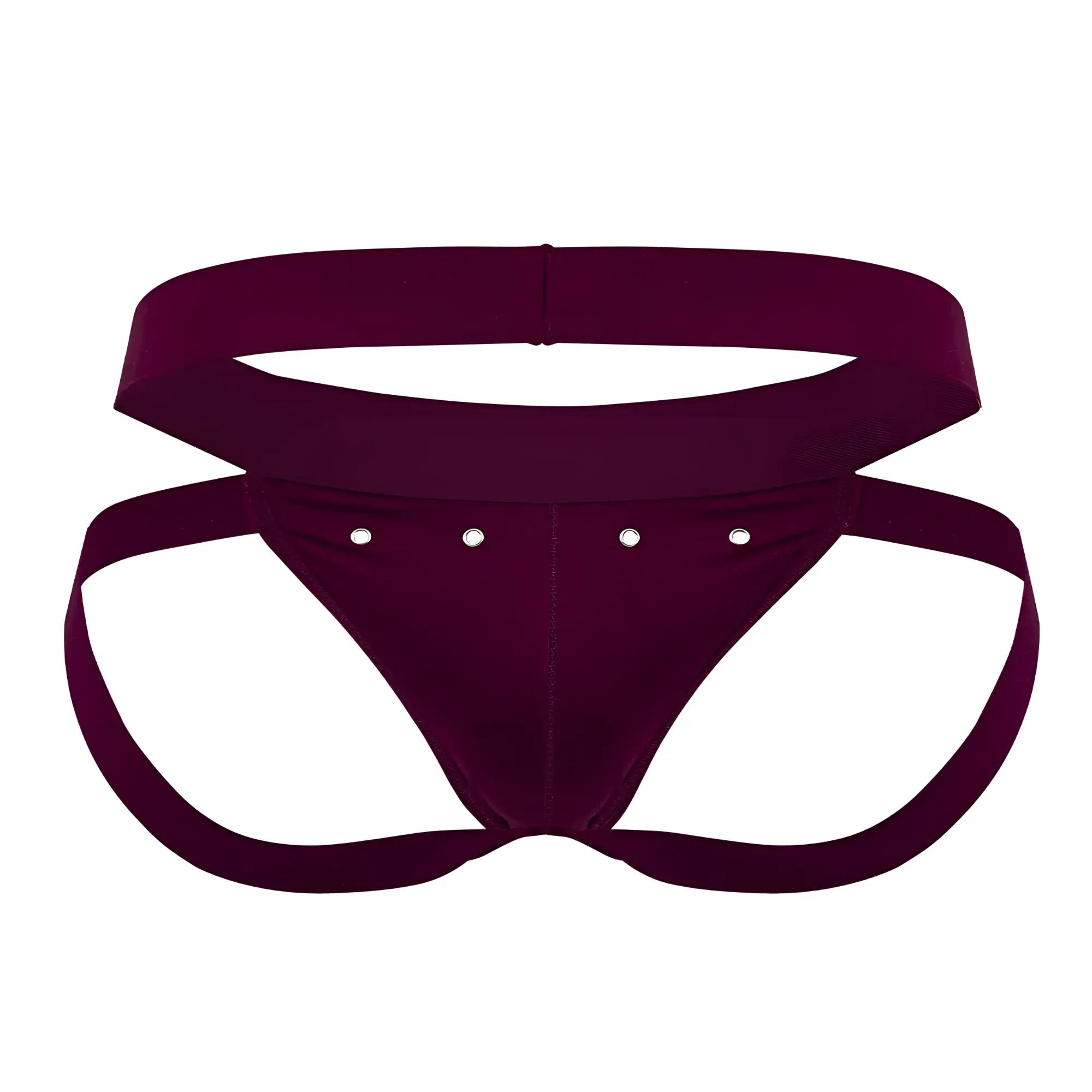 Deep burgundy velvet roger smuth rs088 jock-thong briefs with a wide waistband and four silver studs on front
