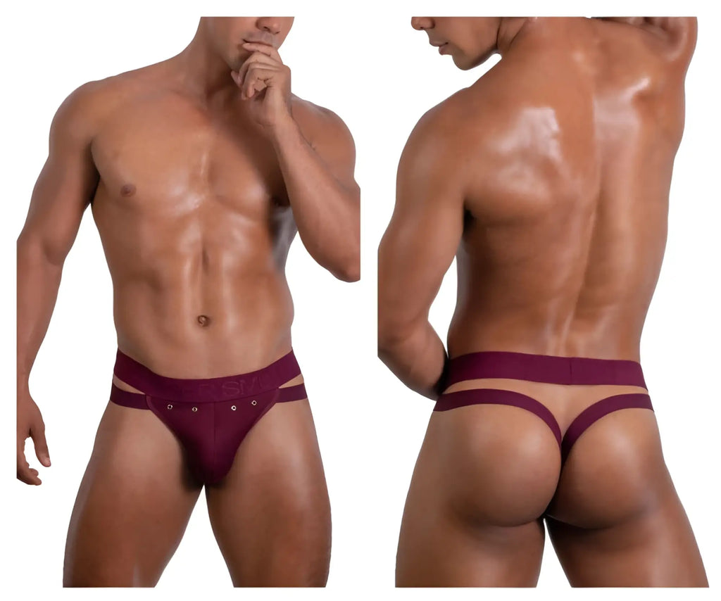 Maroon roger smuth rs088 jock-thong briefs with sleek design, two side straps, and silver-toned eyelets