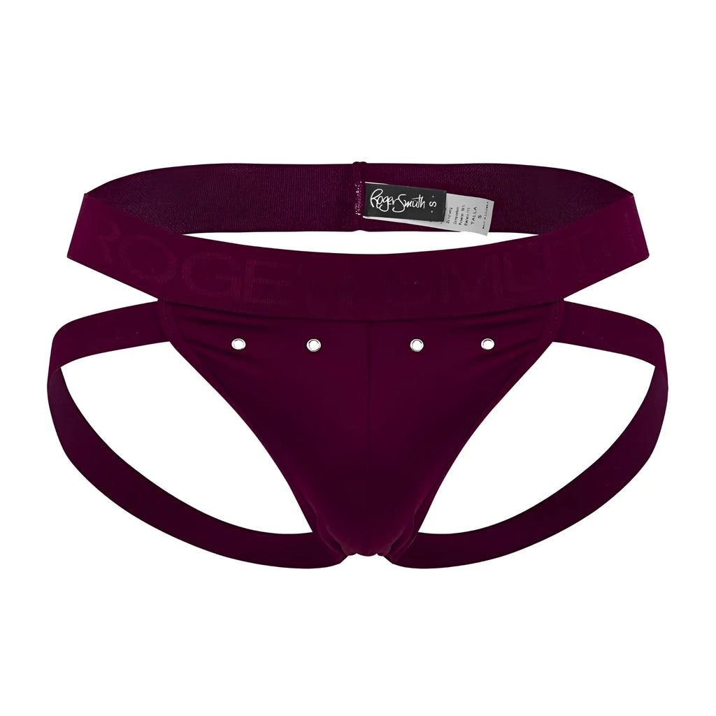 Maroon velvet athletic briefs with silver studs and a roger smuth branded elastic waistband in burgundy