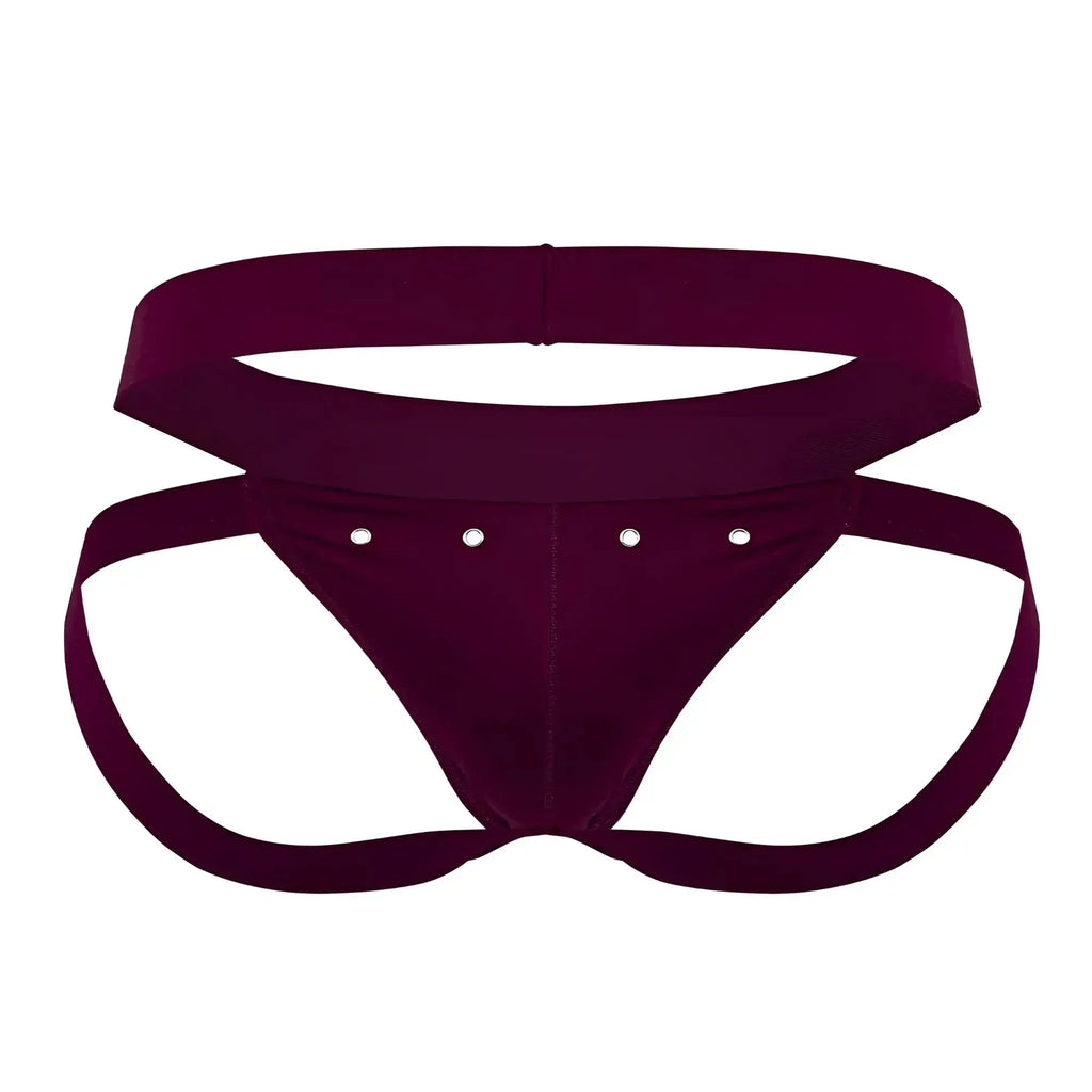 Deep burgundy velvet roger smuth rs088 jock-thong briefs with a wide waistband and four silver studs on front