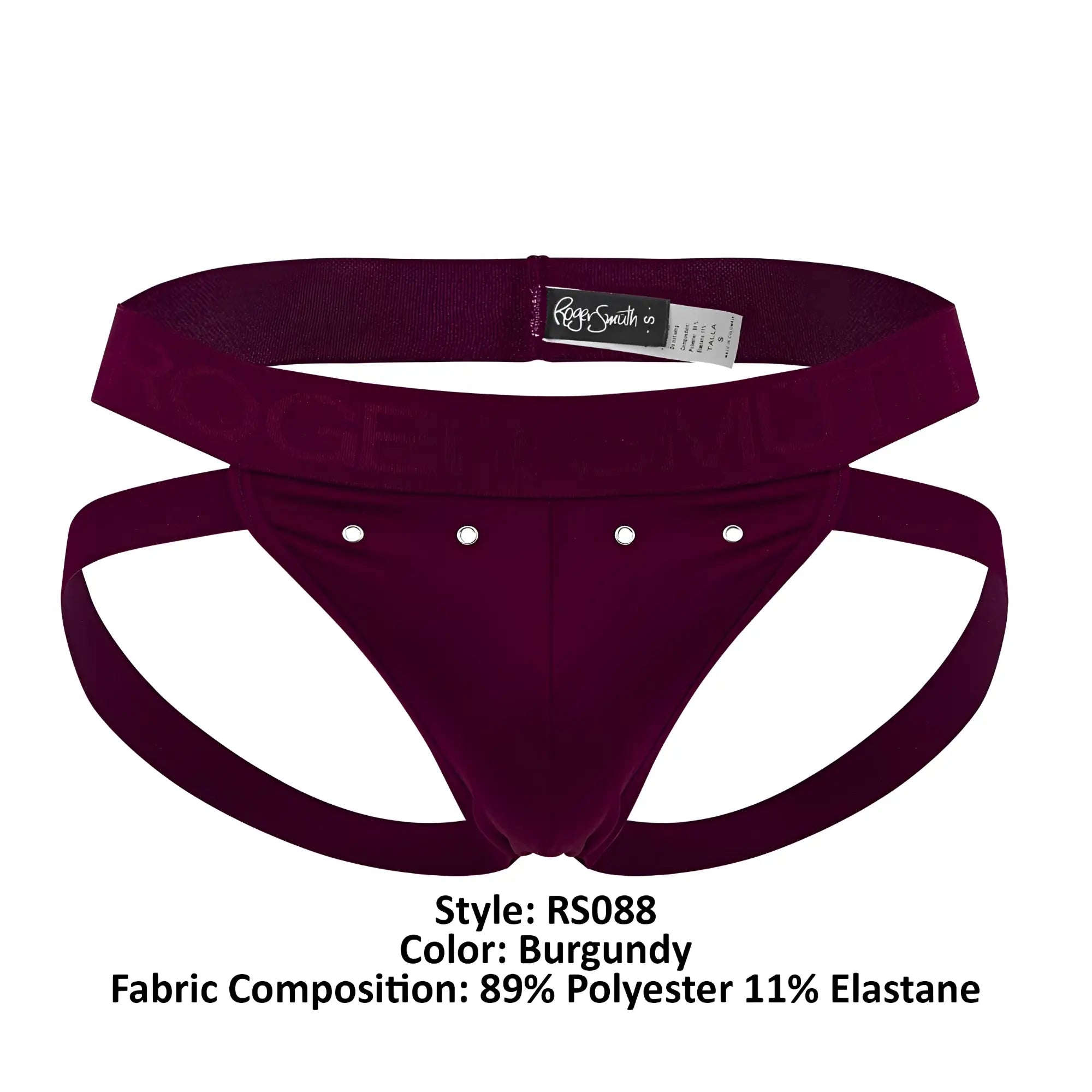 Burgundy Roger Smith RS088 jock-thong men’s briefs with supportive contoured design and three silver studs on front