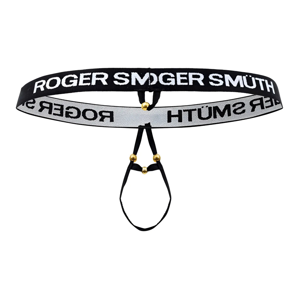 Black and silver striped roger smuth rs089 ball lifter men’s thong with gold tone hardware and front pouch design