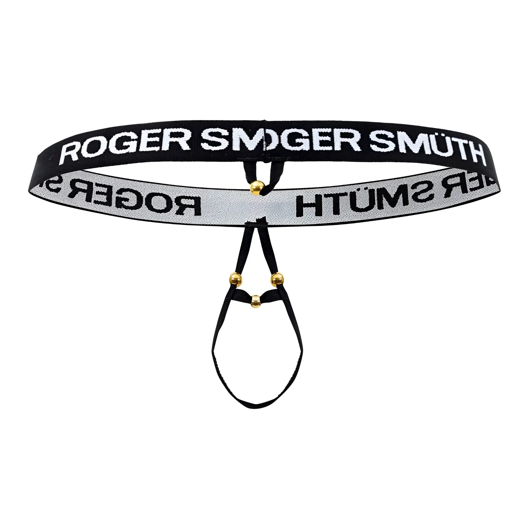 Black and silver striped roger smuth rs089 ball lifter men’s thong with gold tone hardware and front pouch design