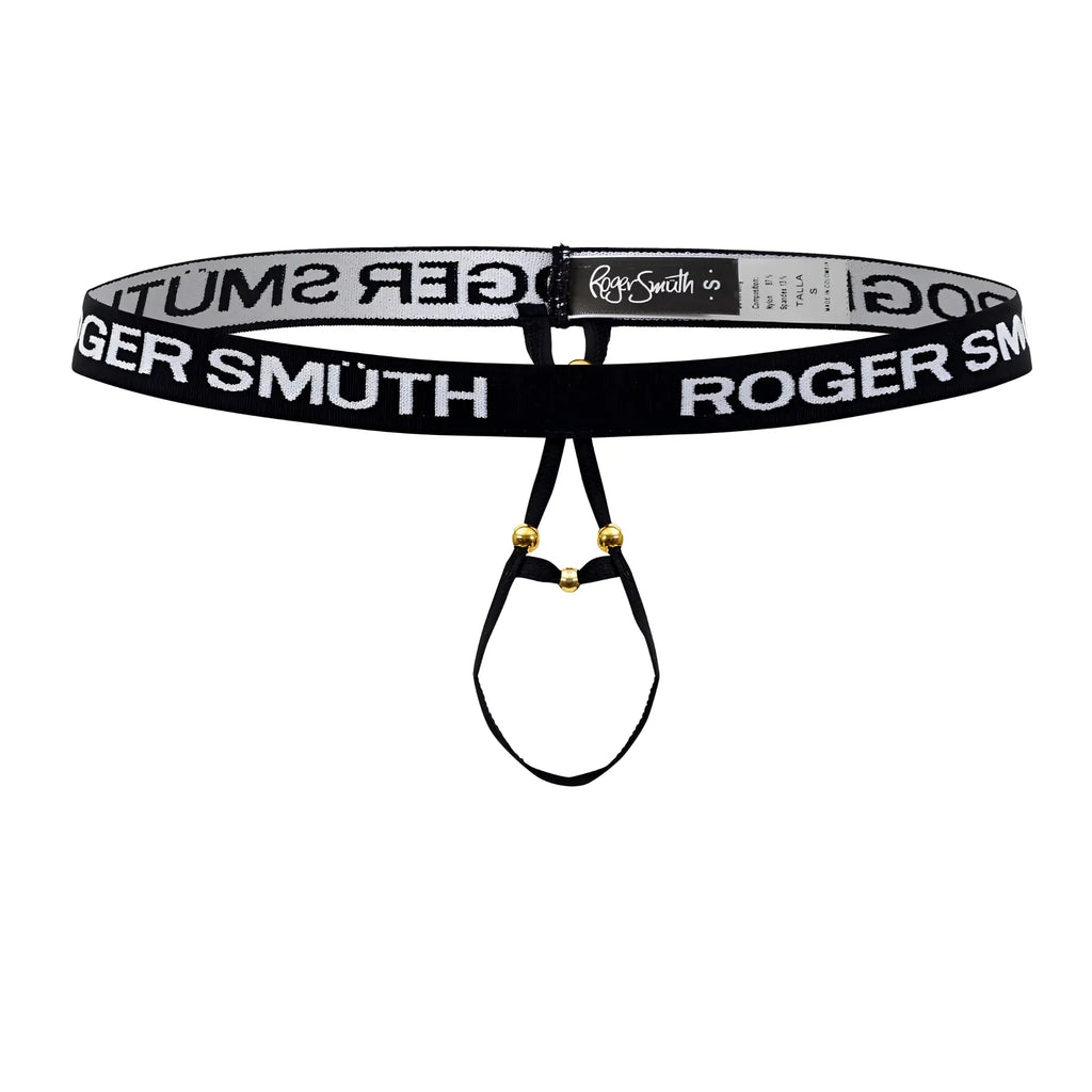 Black roger smith branded men’s thong rs089 ball lifter with white lettering and gold-tone hardware in black color
