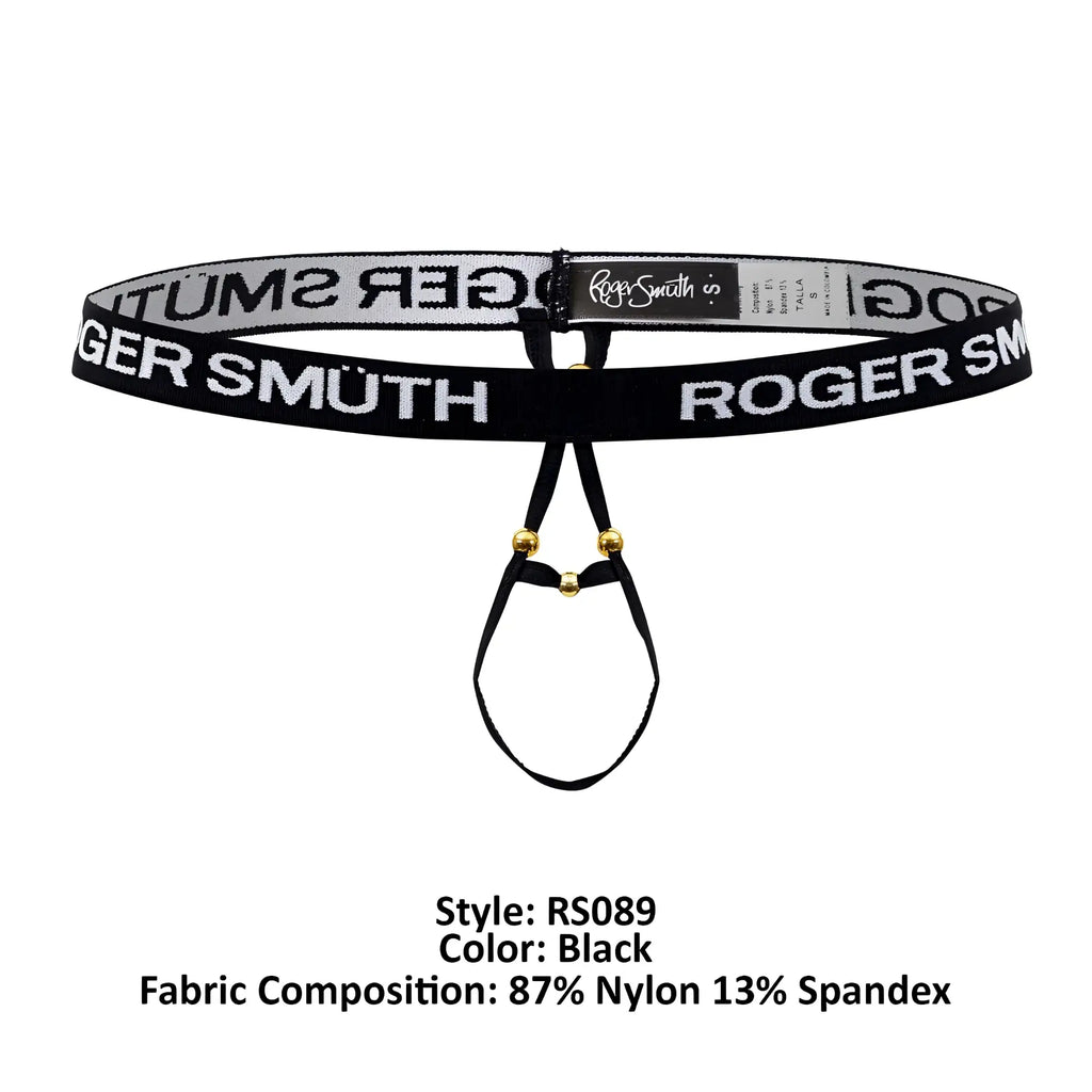 Black roger smuth rs089 ball lifter thong belt with bold white lettering on stretchy nylon spandex and gold hardware front