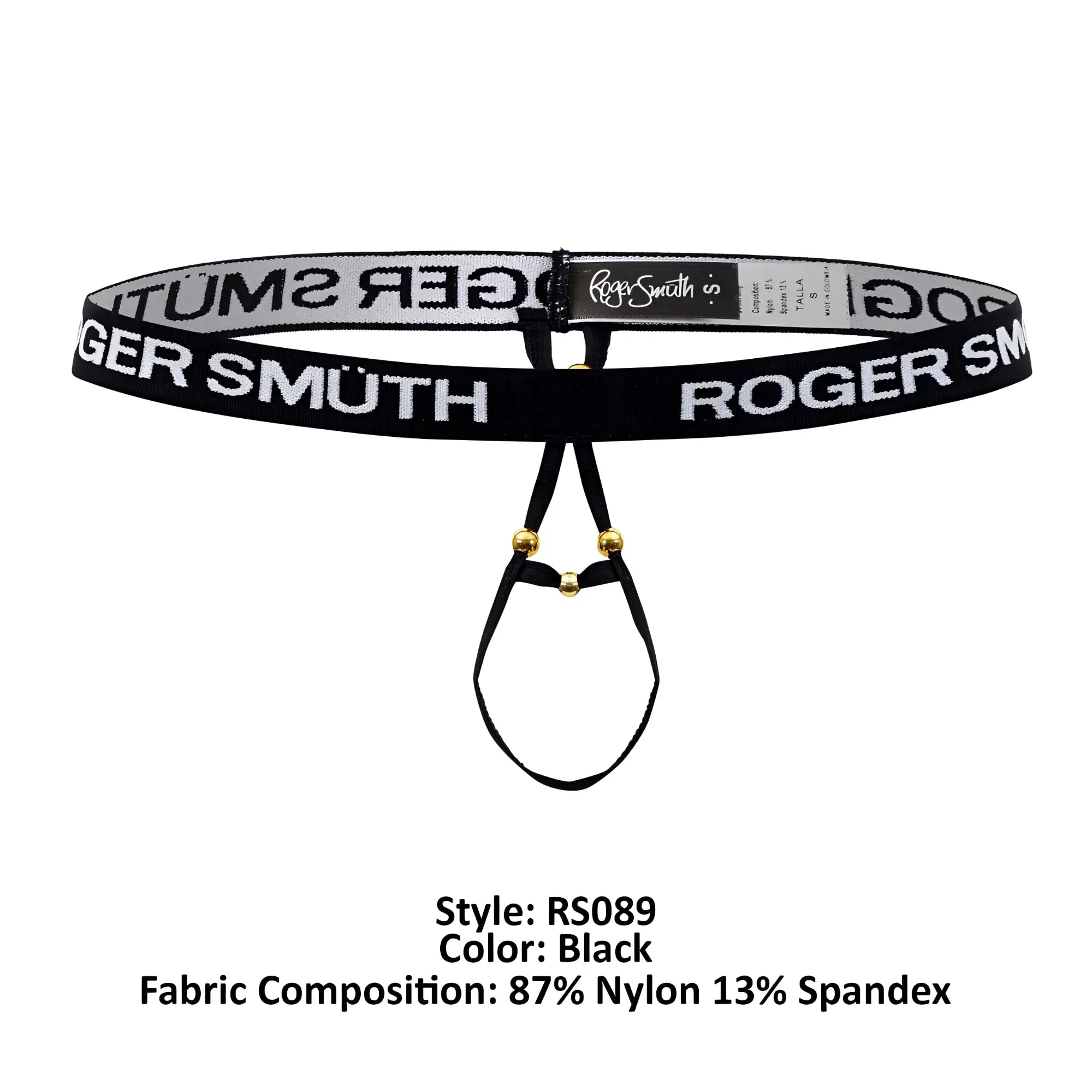 Black roger smuth rs089 ball lifter thong belt with bold white lettering on stretchy nylon spandex and gold hardware front