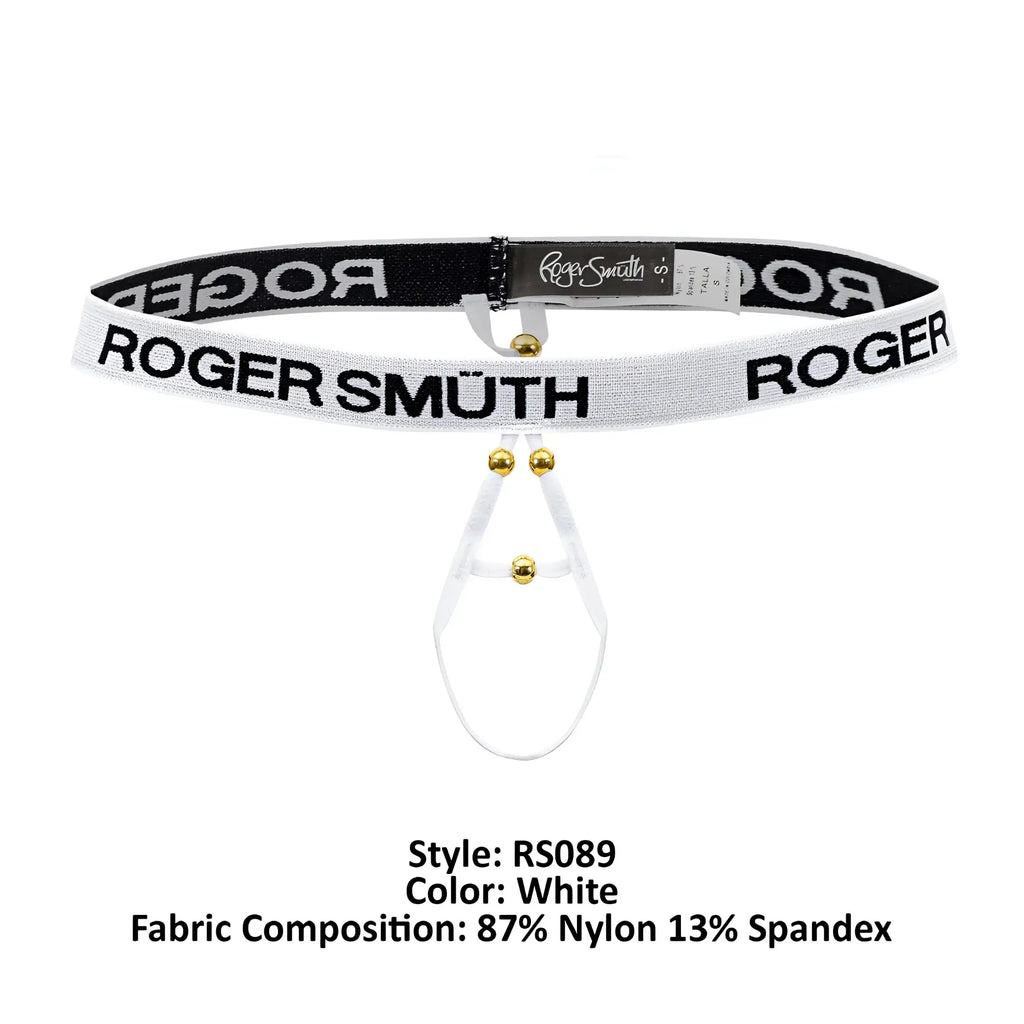 White roger smuth rs089 ball lifter belt with black lettering and gold-tone hardware in white color
