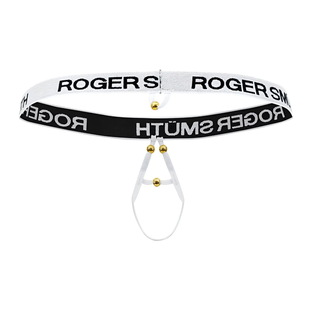 Roger smuth rs089 ball lifter elastic belt in white with black stripes and gold tone hardware for secure fit