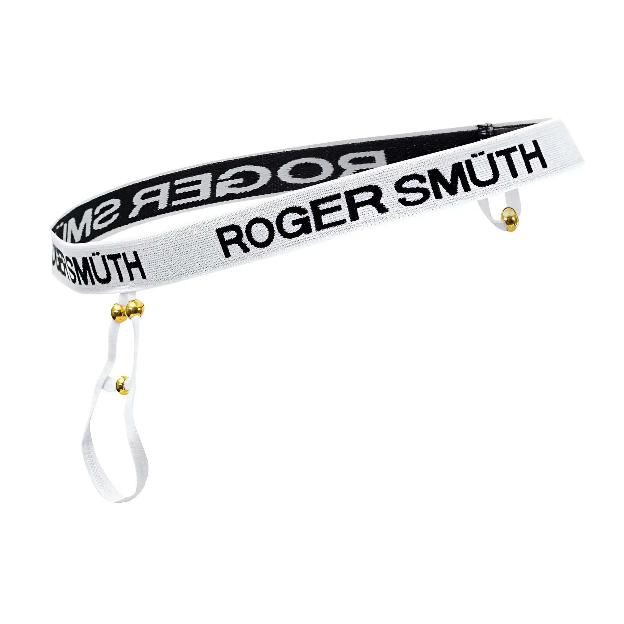 White elastic waistband ball lifter with black roger smüth lettering and gold tone hardware color white