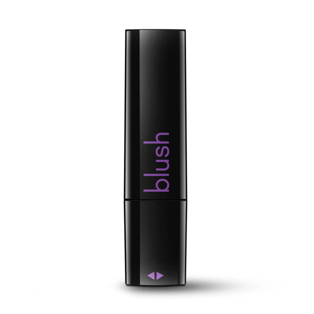 Black cylindrical blush tube with purple blush lettering and diamond logo from rose rose lipstick vibe black collection