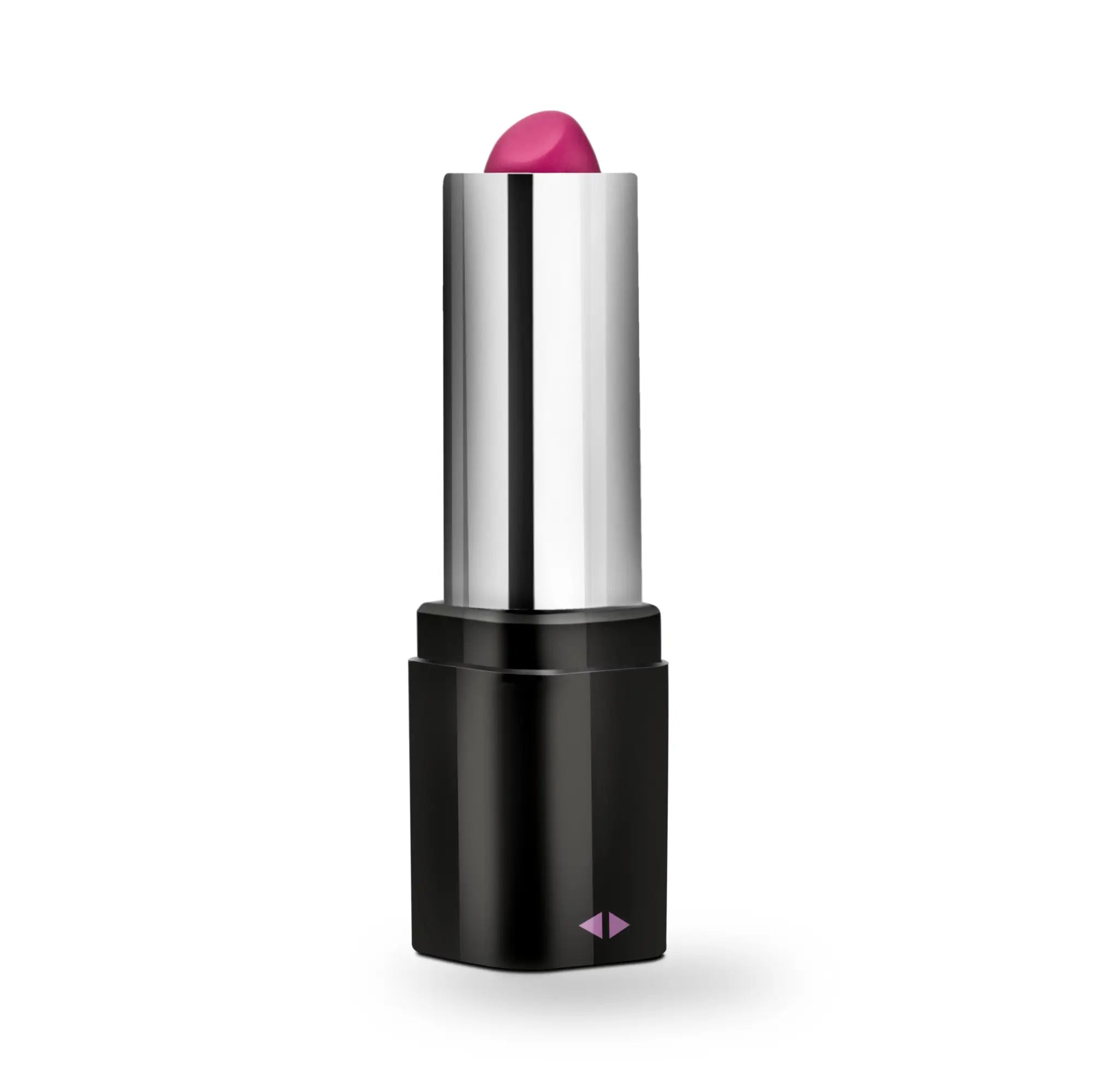 A sleek metallic silver rose rose lipstick vibe black tube with a black base and vibrant fuchsia bullet