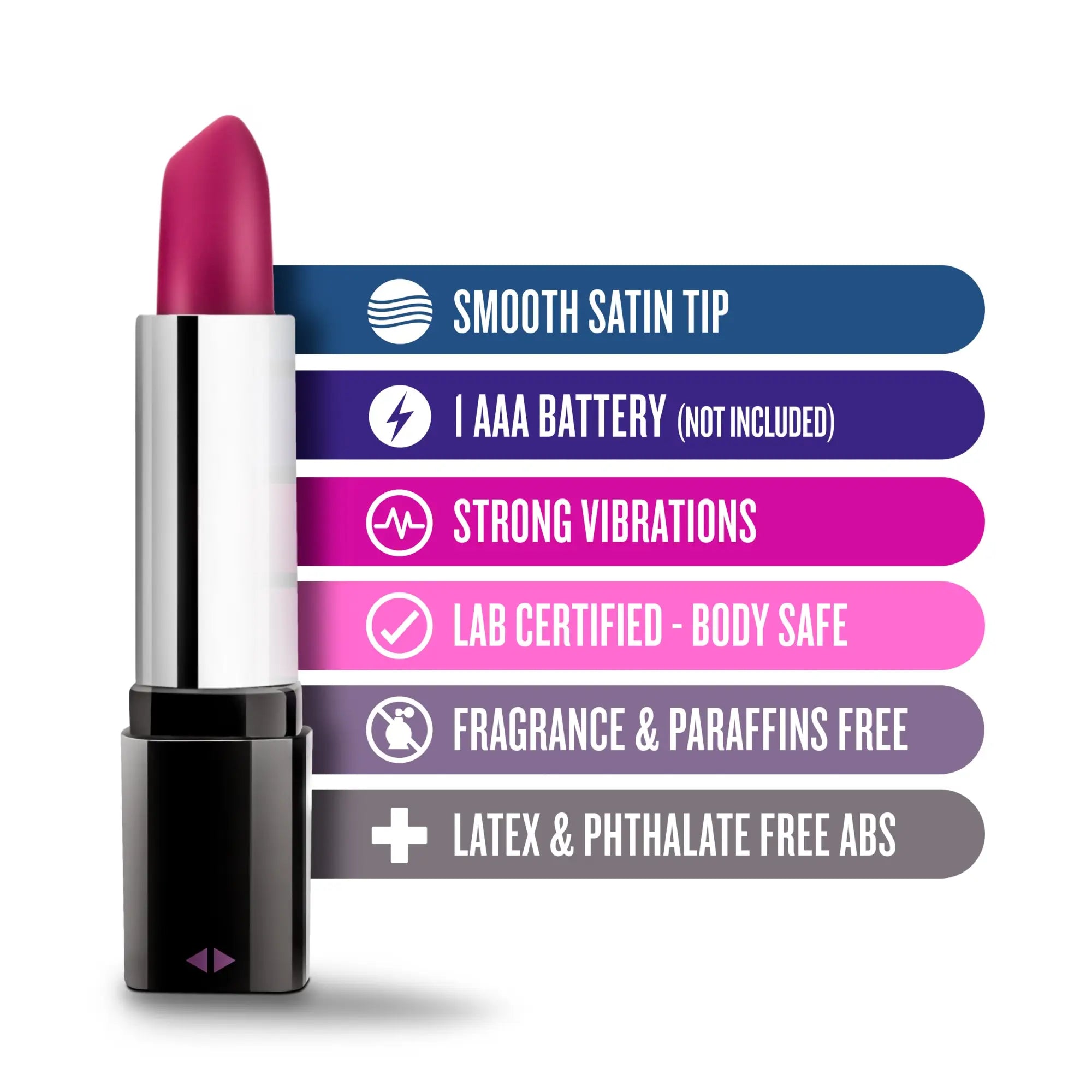 A sleek rose rose lipstick vibe black with vibrant magenta bullet and metallic silver casing accented by black details