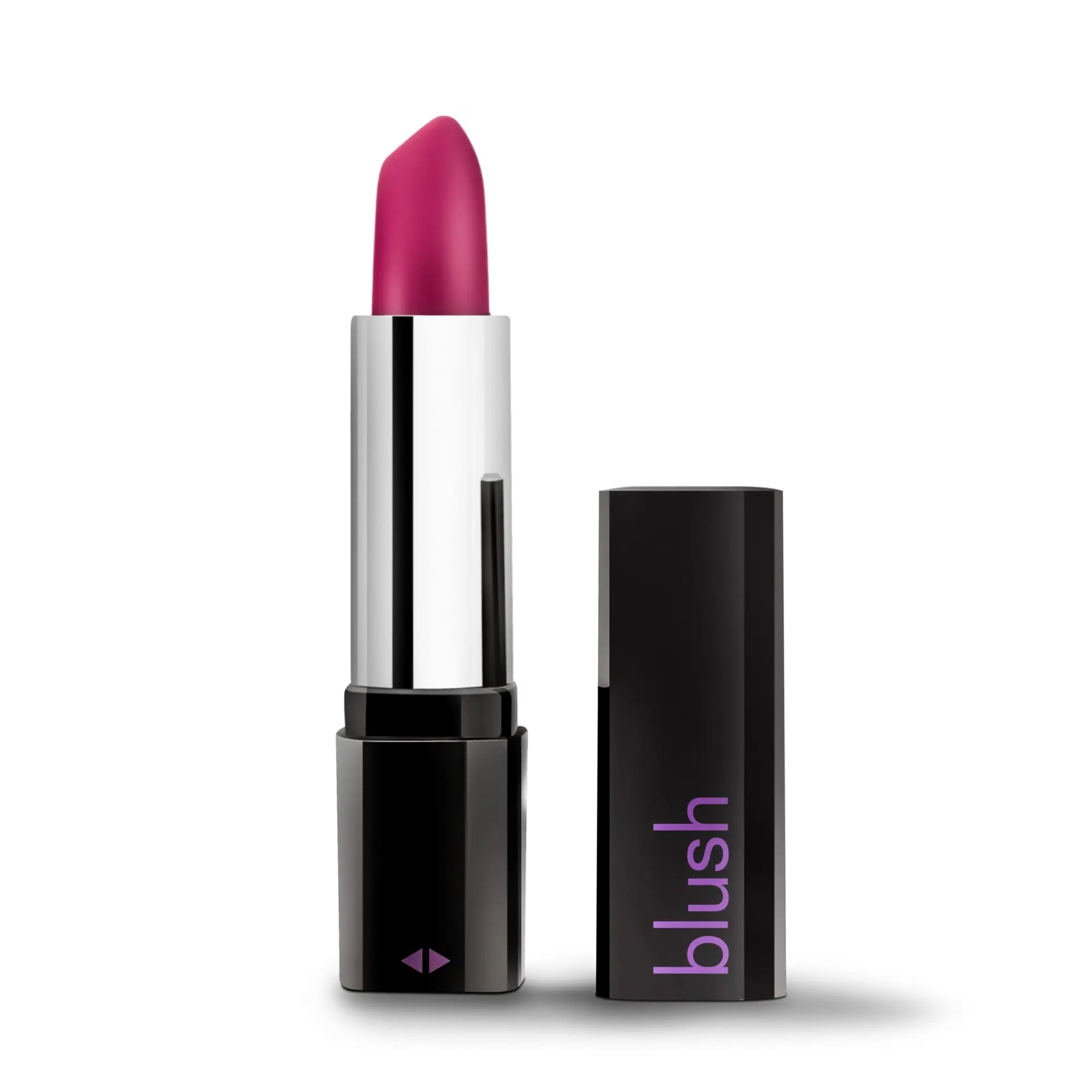 A vibrant fuchsia matte lipstick in a sleek black and silver tube with blush branding rose rose lipstick vibe black