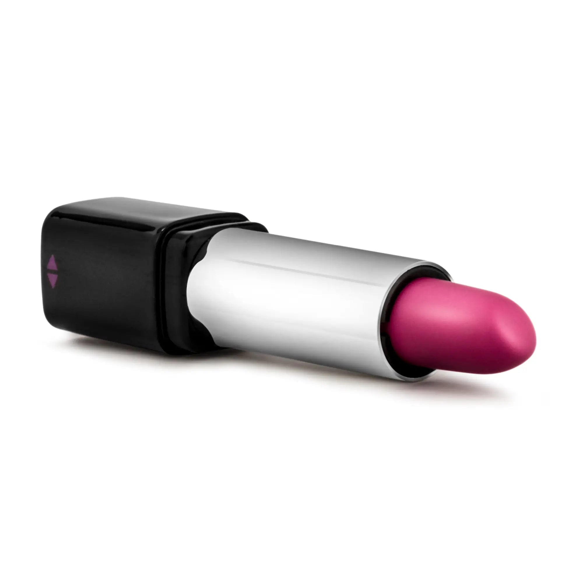 A vibrant fuchsia matte Rose Rose Lipstick Vibe Black with a sleek black and silver metallic case