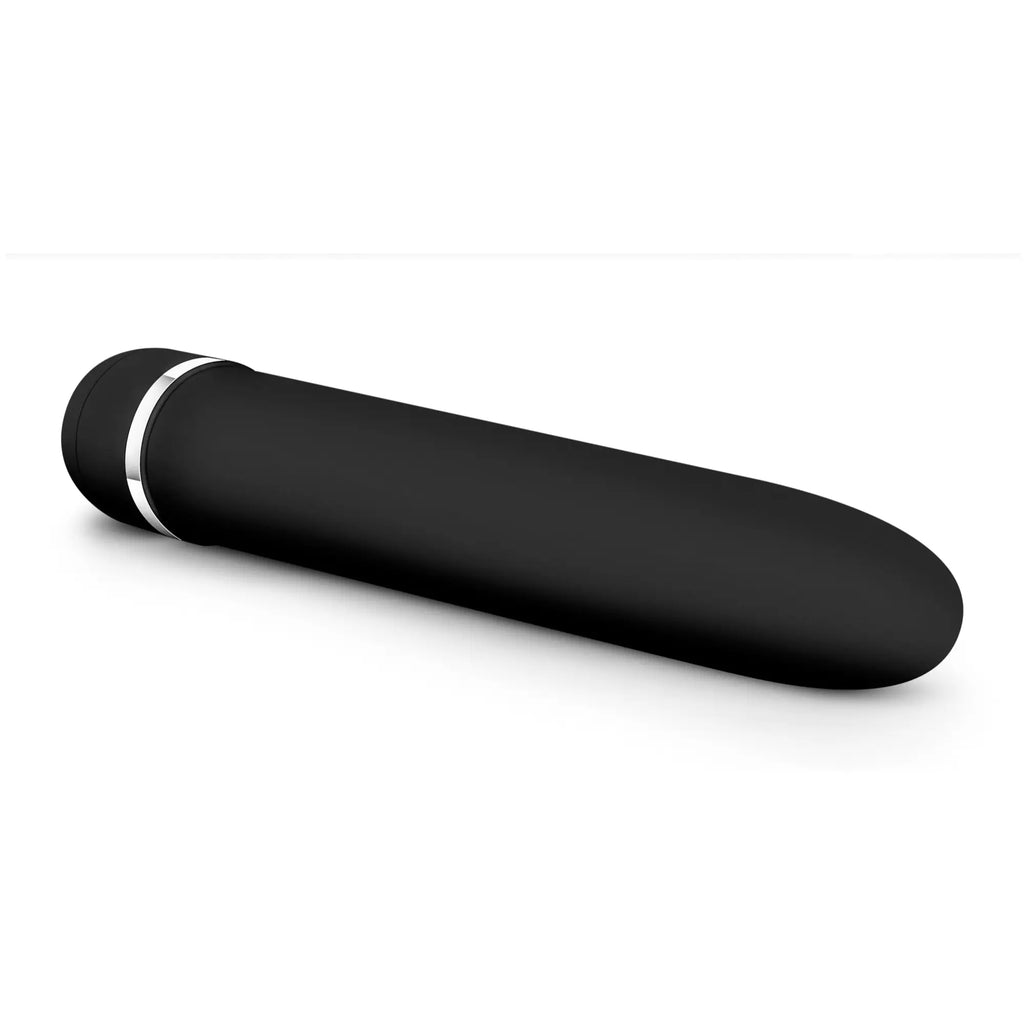 Black silicone vibrato with a silver metallic band near the rounded end from Rose Rose Luxuriate Black collection