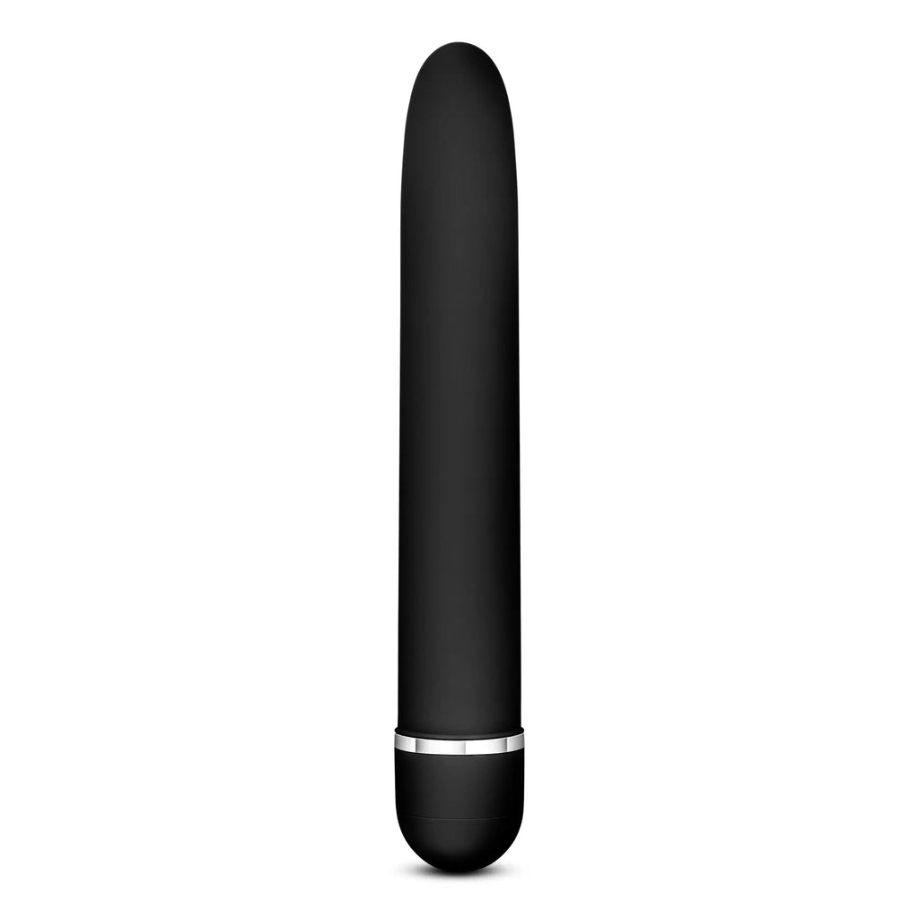 Black silicone vibrato wand with silver metallic band at the base from rose rose luxuriate black collection