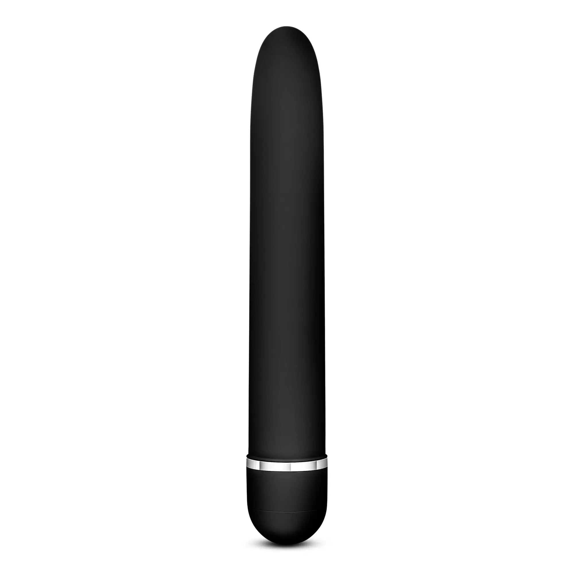 Black silicone vibrato wand with silver metallic band at the base from rose rose luxuriate black collection
