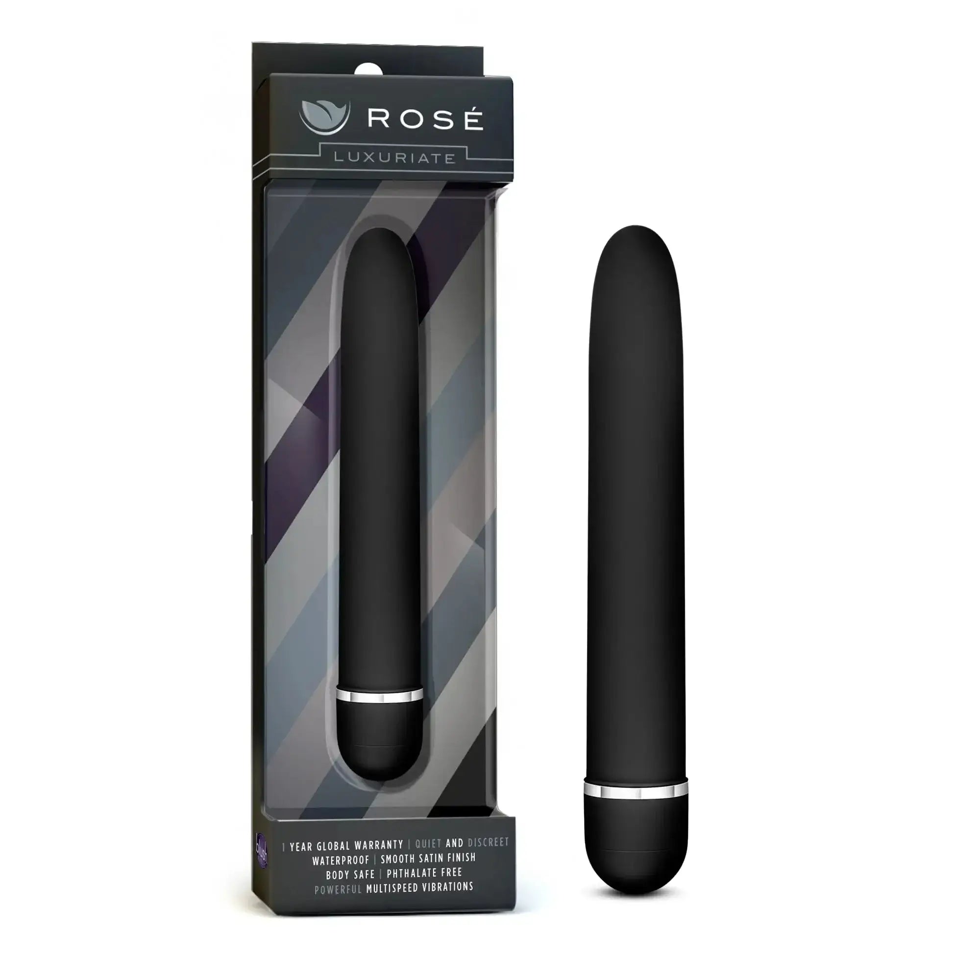 Black rose luxuriate vibrating wand with smooth satin finish and silver accent ring for personal massage use
