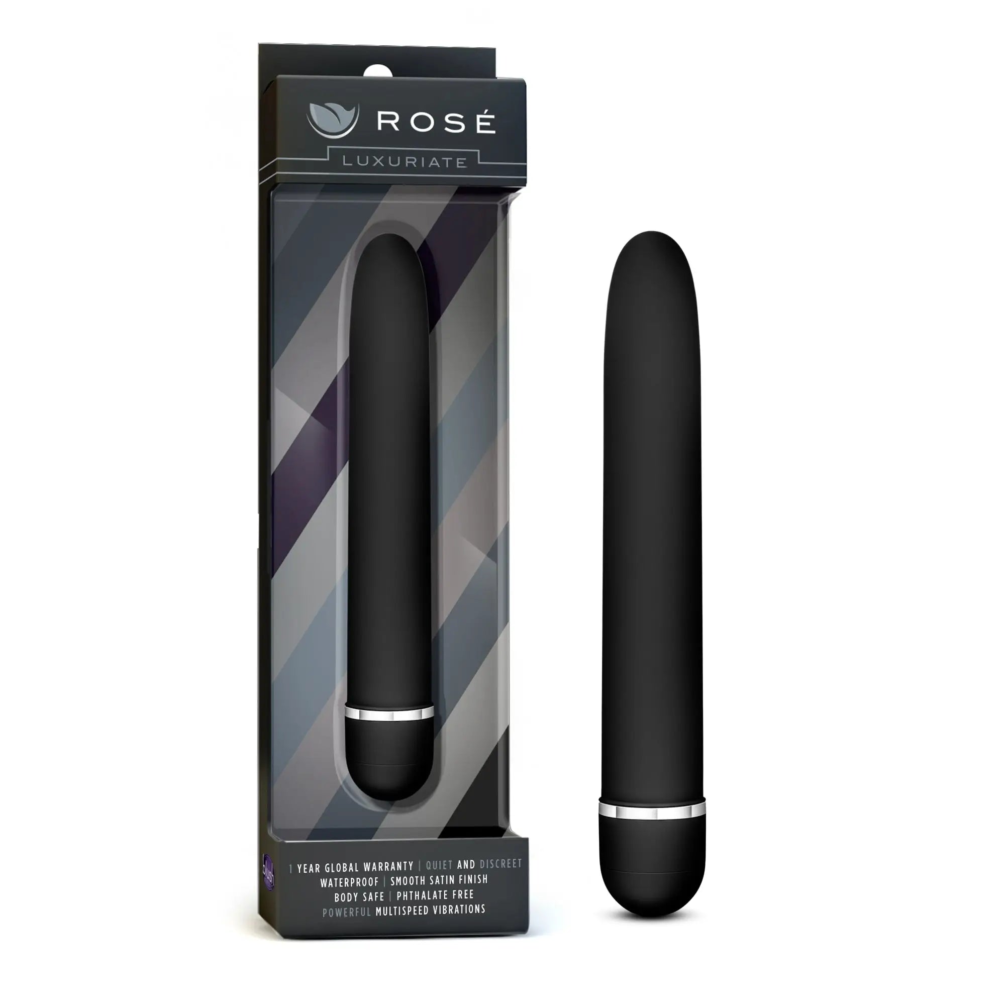 Black rose luxuriate vibrating wand with smooth satin finish and silver accent ring for personal massage use