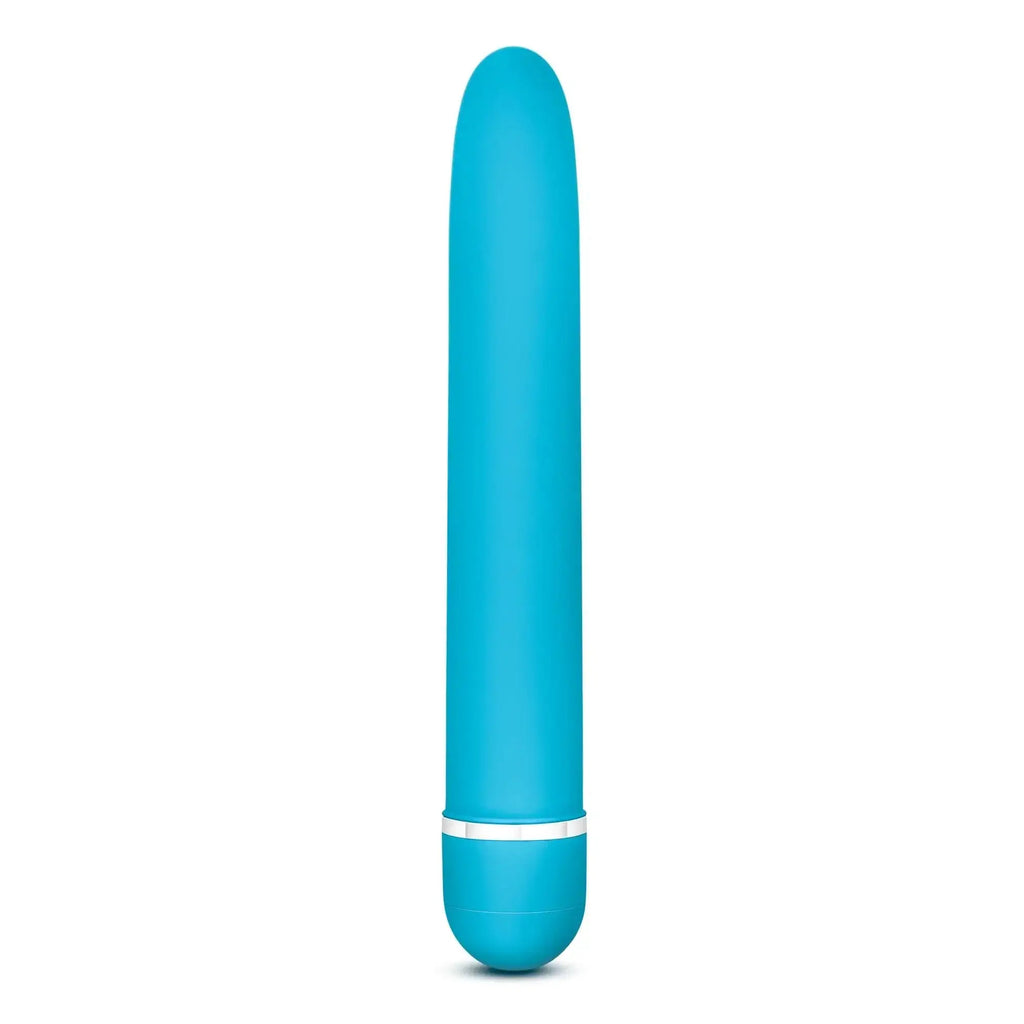 A sleek solid turquoise blue cylindrical vibrator with matte finish and silver metallic band rose rose luxuriate blue