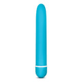 A sleek solid turquoise blue cylindrical vibrator with matte finish and silver metallic band rose rose luxuriate blue