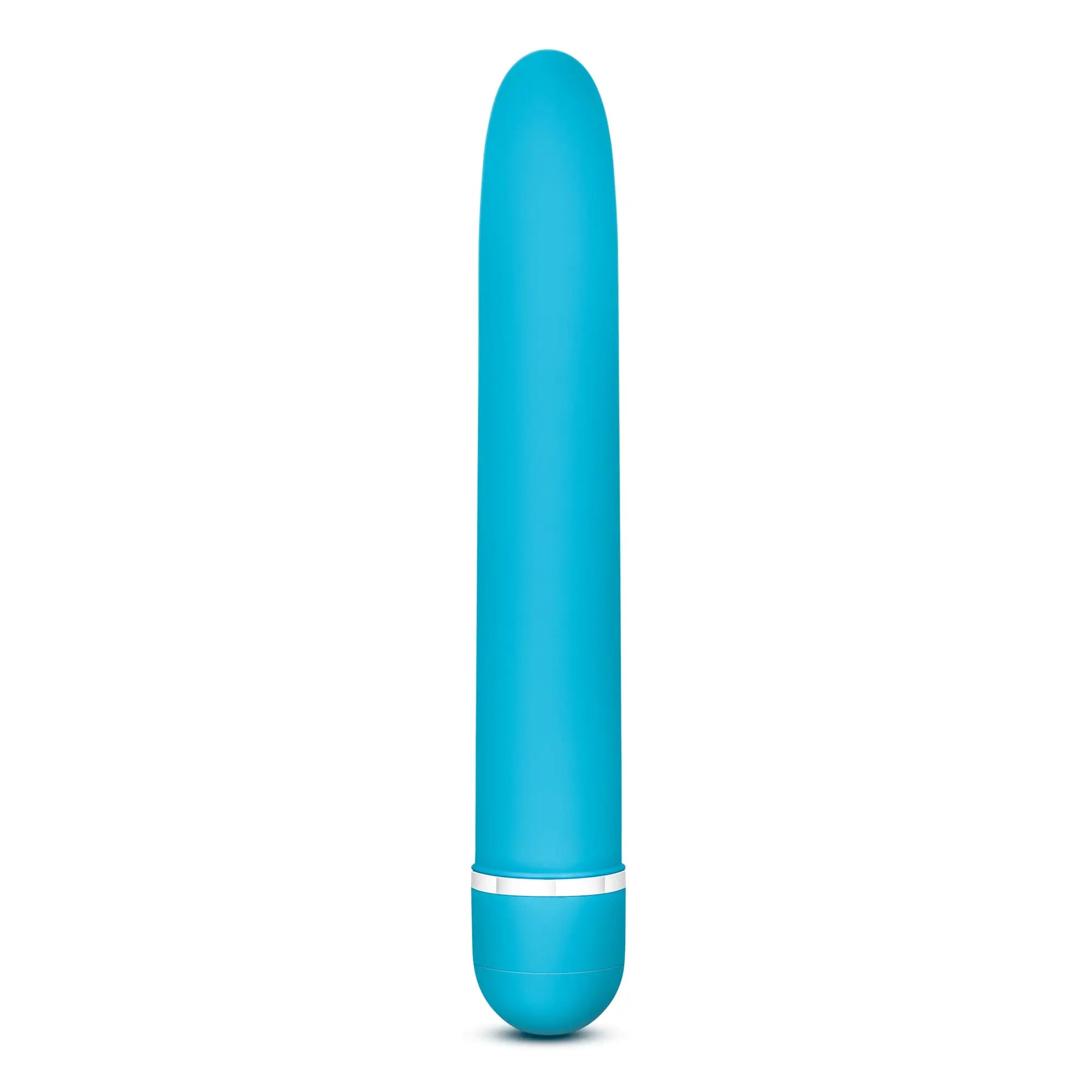 A sleek solid turquoise blue cylindrical vibrator with matte finish and silver metallic band rose rose luxuriate blue