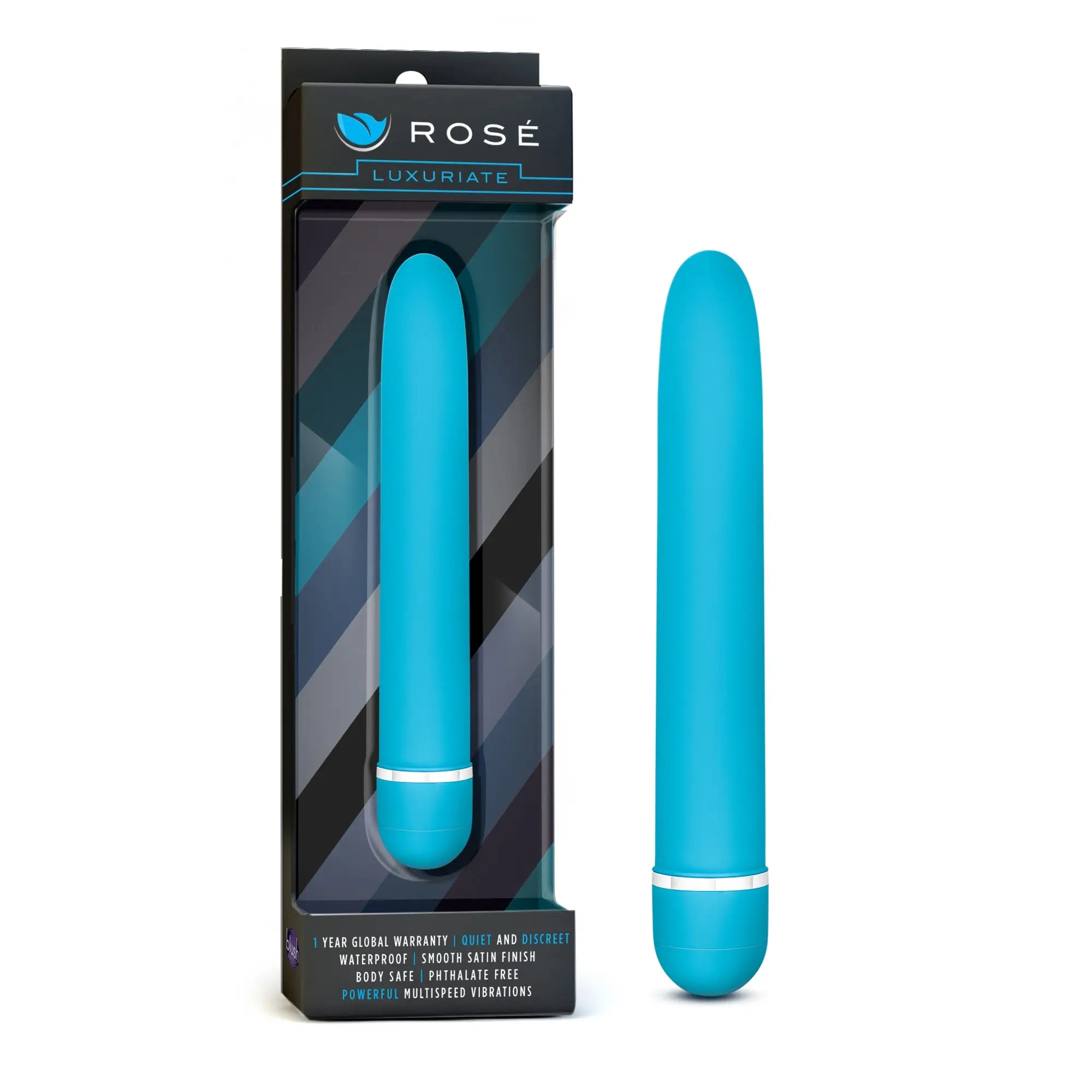 A sleek turquoise rose with a smooth satin finish and silver band near the base in rose rose luxuriate blue
