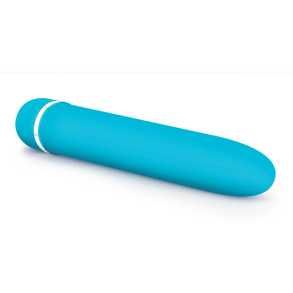 Turquoise silicone vibrato with silver metallic band near the rounded end from rose rose luxuriate blue collection