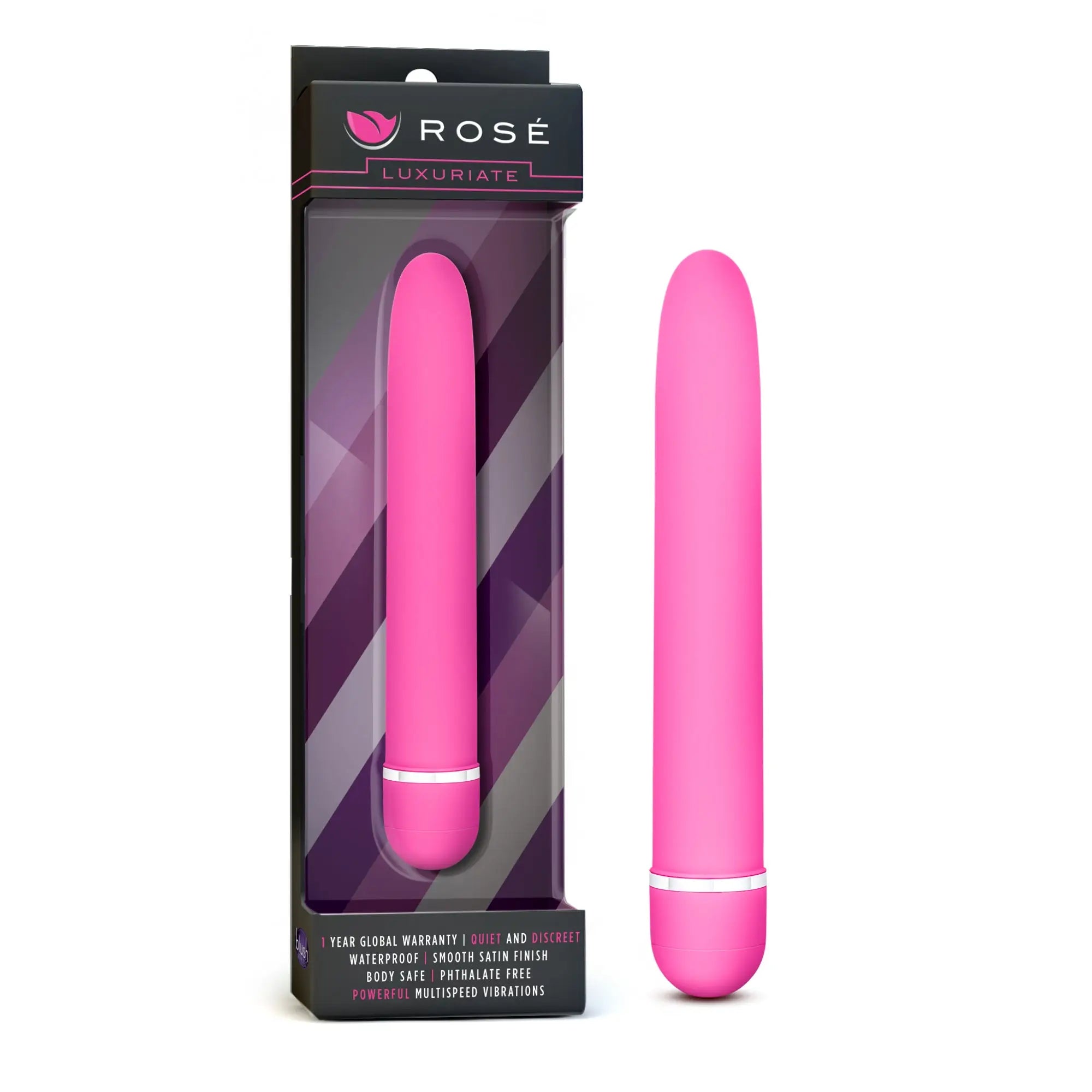 Pink rosé luxuriate vibratory toy with smooth satin finish and white accent band for intimate pleasure