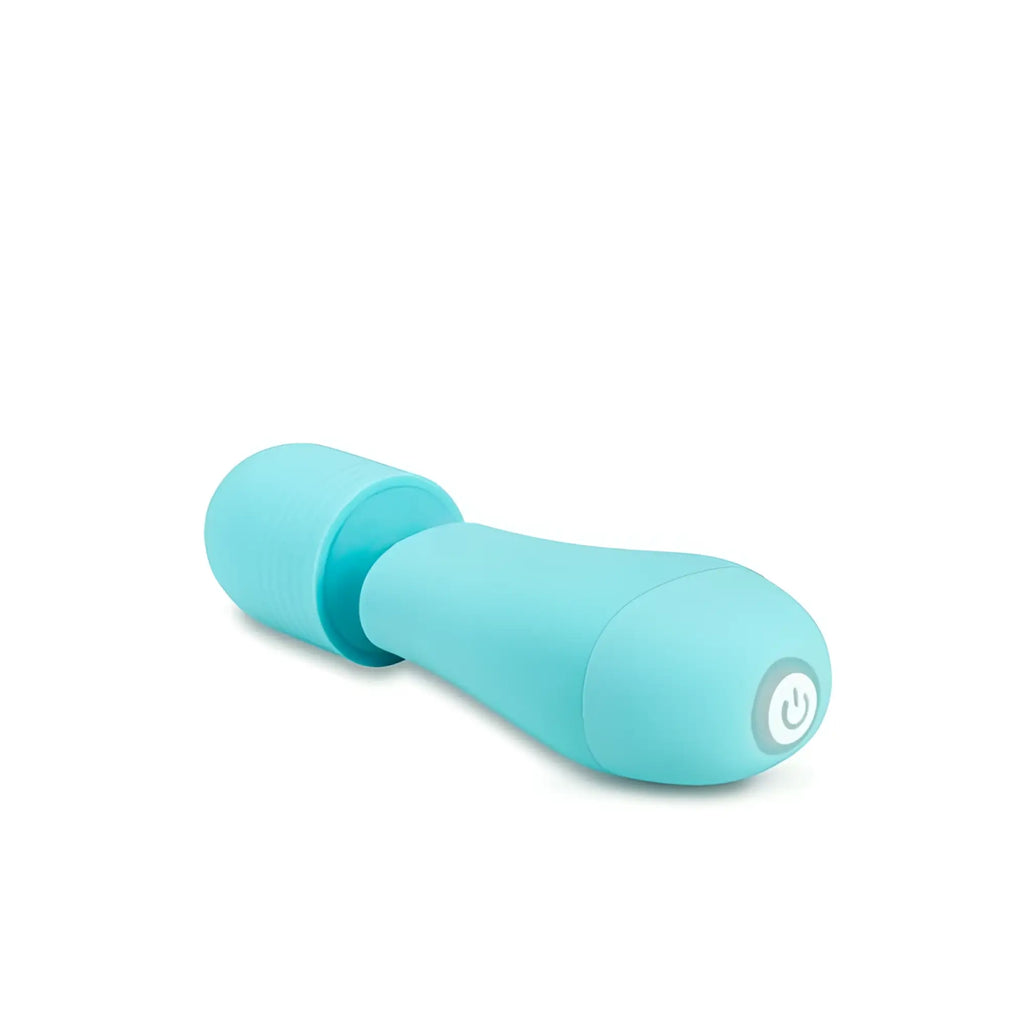 Rose Rose Petite massage wand blue is a sleek light blue silicone-covered wand vibrator with a circular power button
