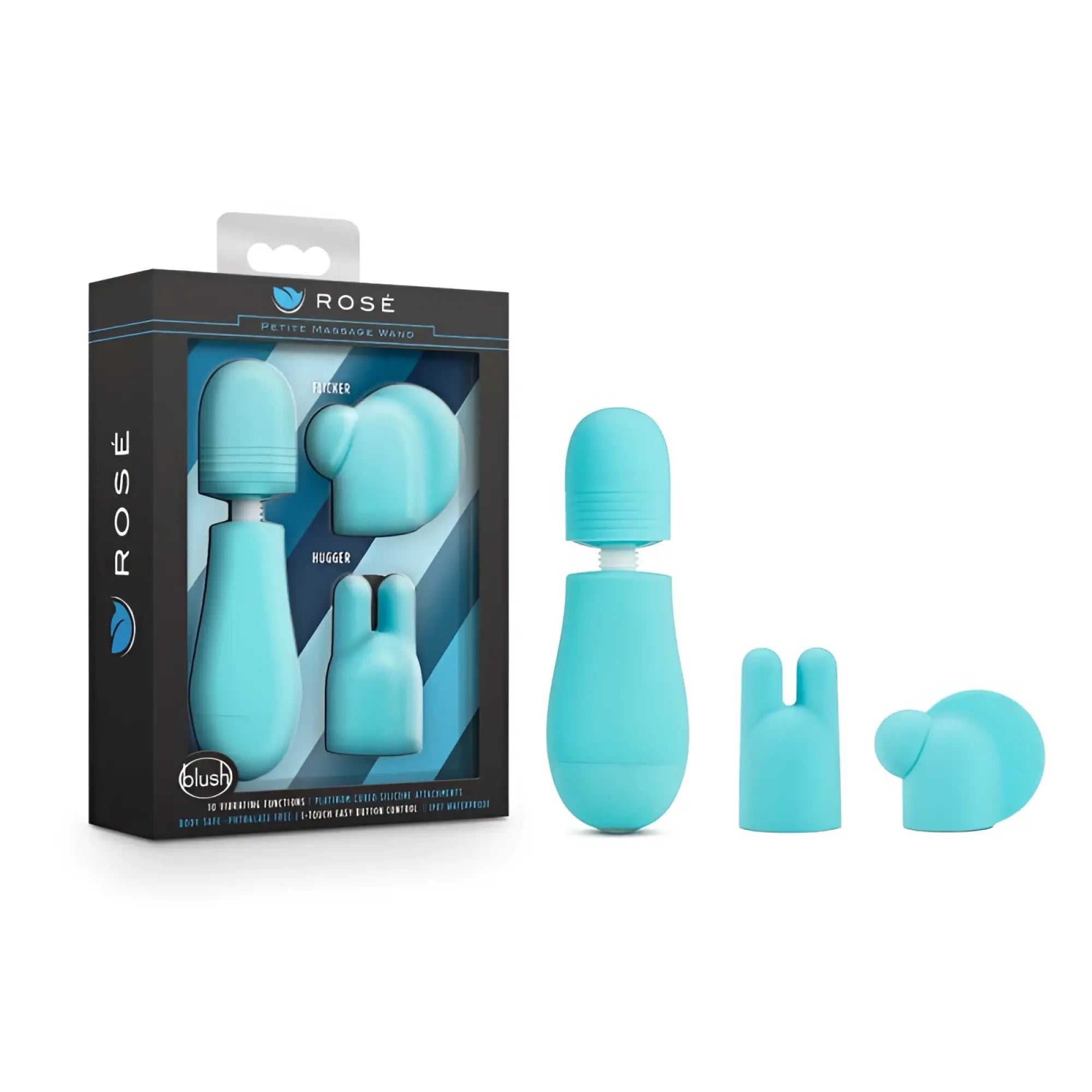 Turquoise silicone rose petite massage wand with interchangeable attachments for targeted relief and relaxation