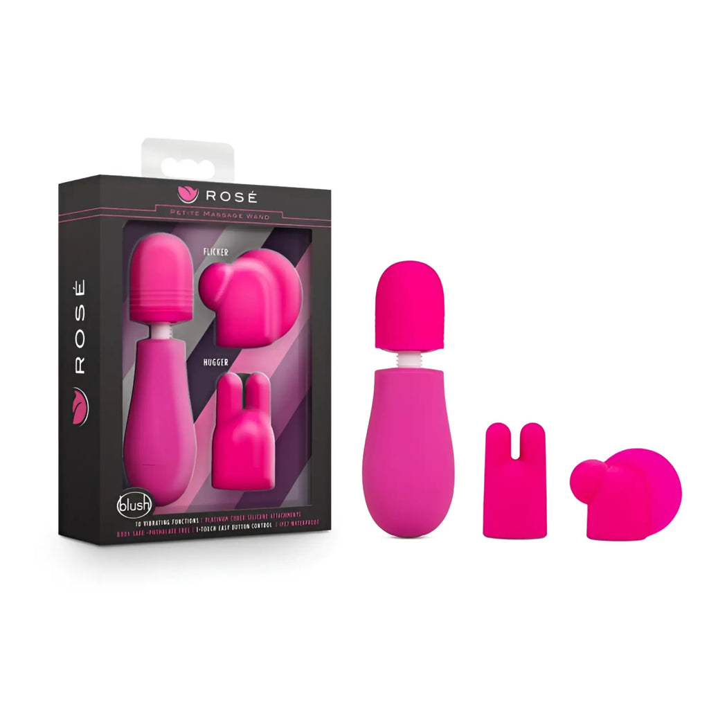 Vibrating pink silicone petite massage wand with interchangeable attachments for targeted massage use