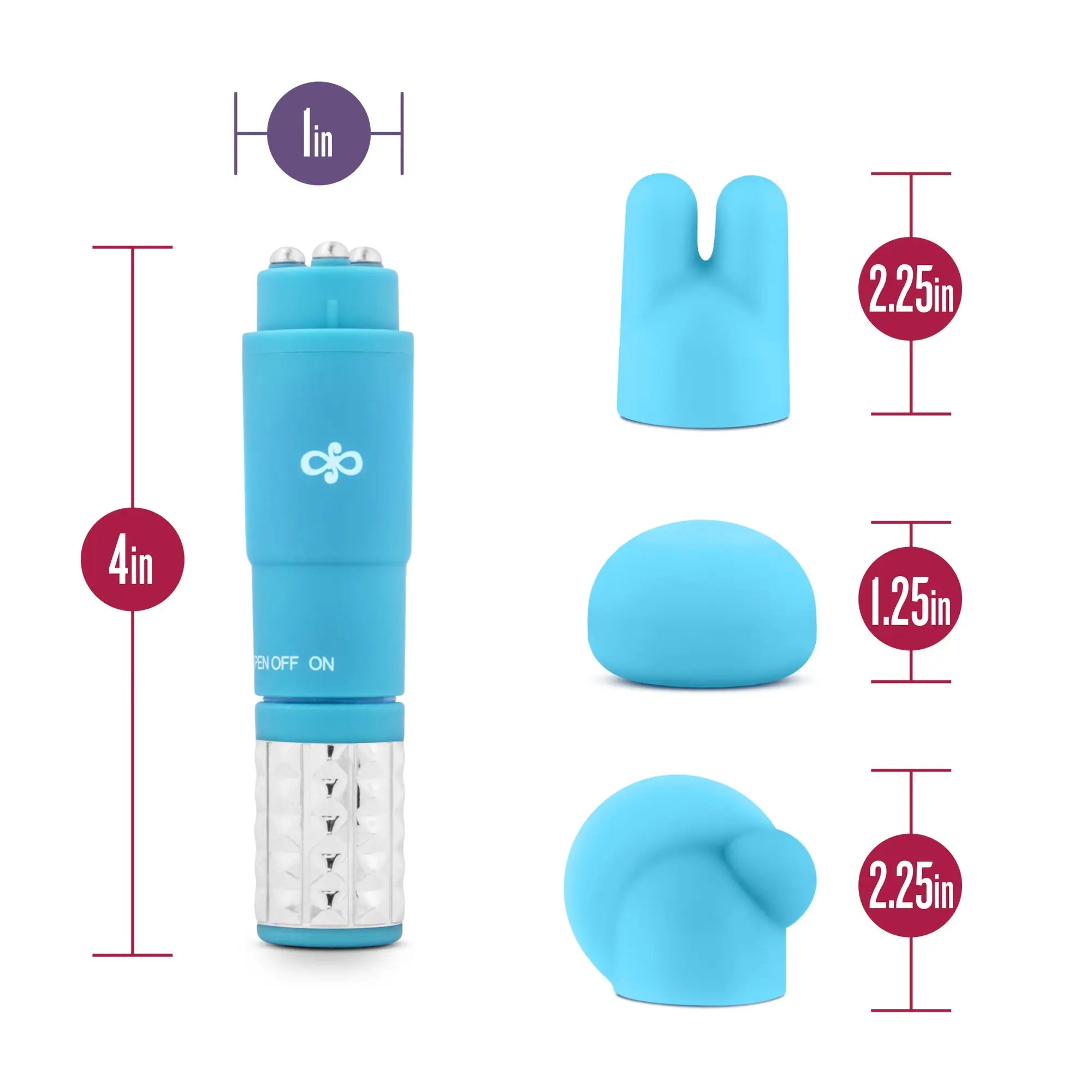 Blue silicone vibrotory toy with interchangeable heads and clear led-lit base from Rose Rose Revitalize Massage Kit