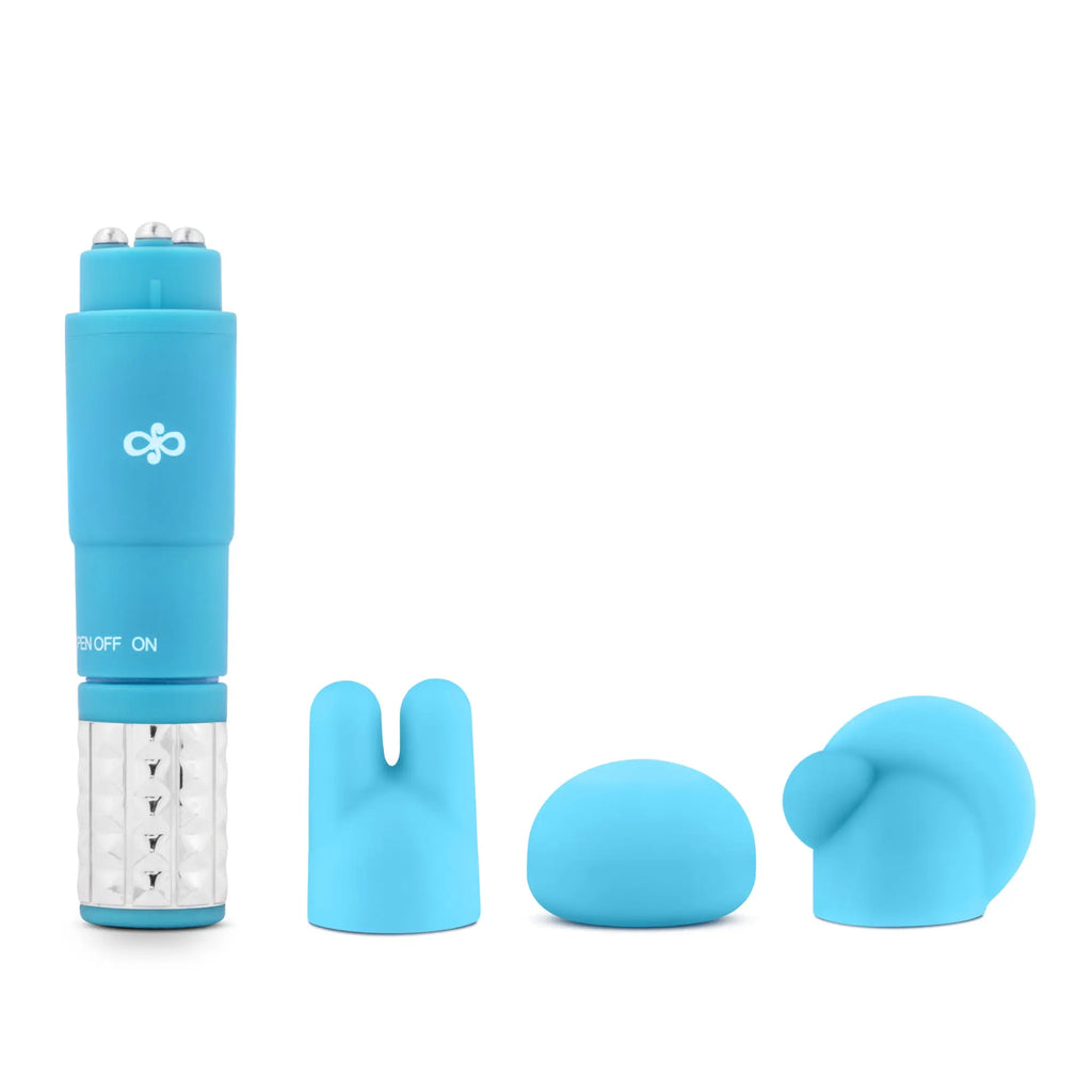 Blue silicone vibratory wand with interchangeable heads and clear led light in rose rose revitalize massage kit