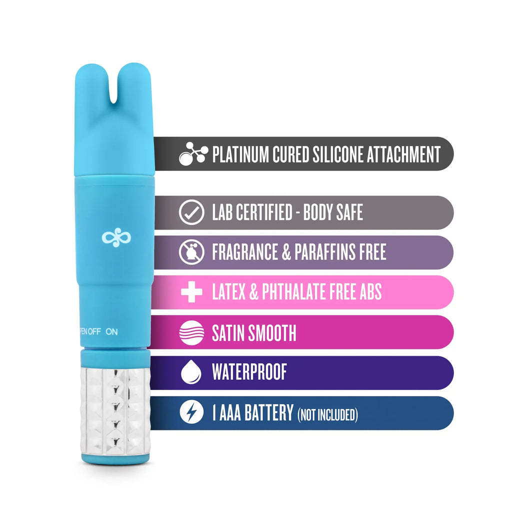 A sleek light blue rose rose revitalize massage kit silicone toy with a platinum cured silicone attachment and clear led base