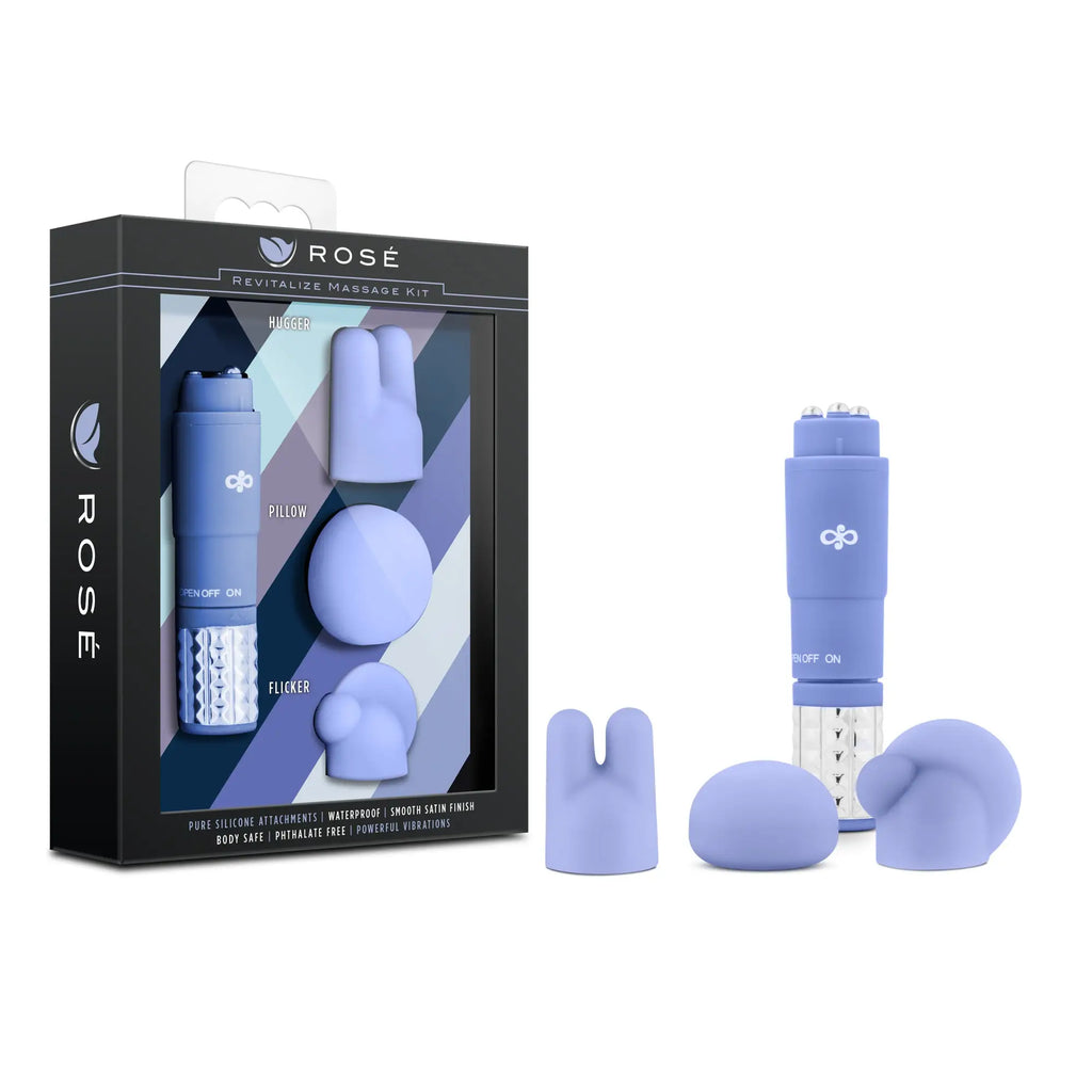 The rose revitalize massage kit periwinkle features a sleek lavender silicone device with interchangeable attachments