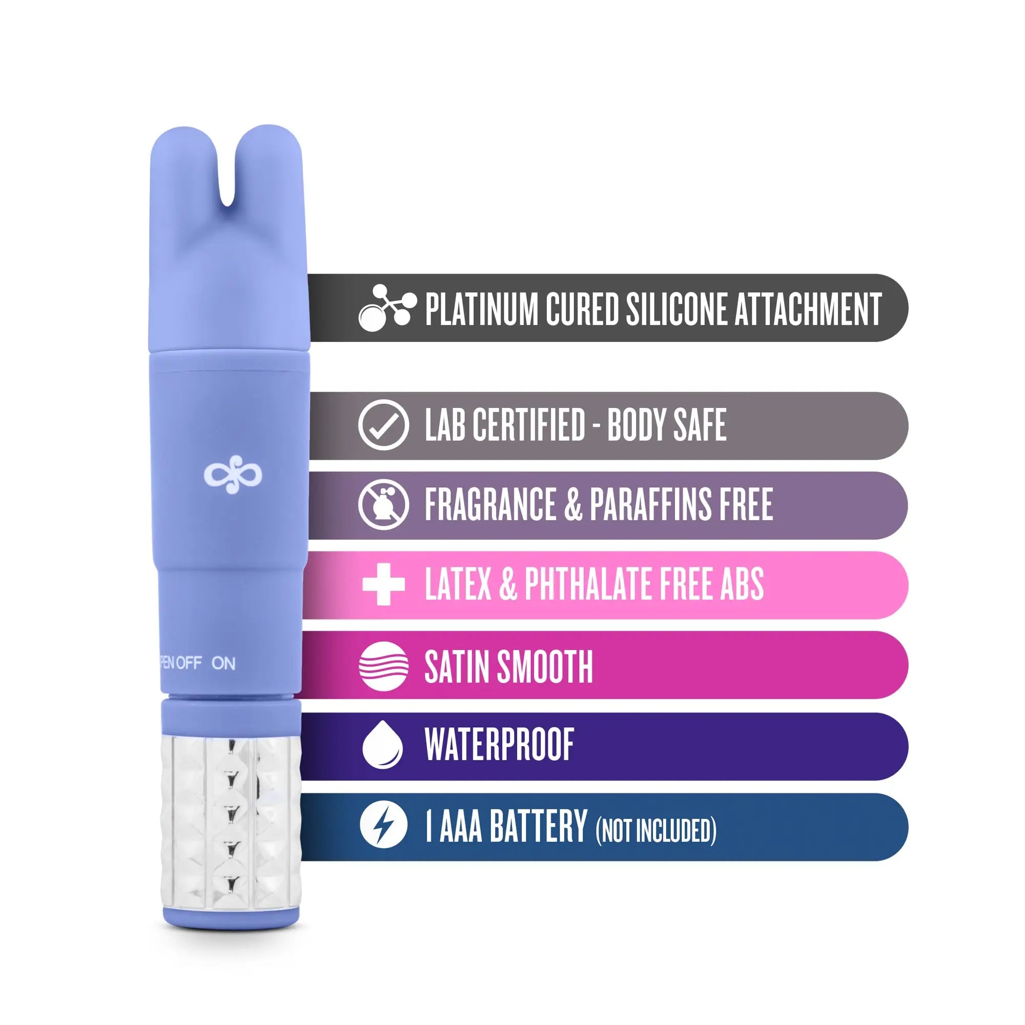 Purple bunny-shaped vibrator with platinum cured silicone attachment and satin smooth abs body in rose rose revitalize massage kit periwinkle