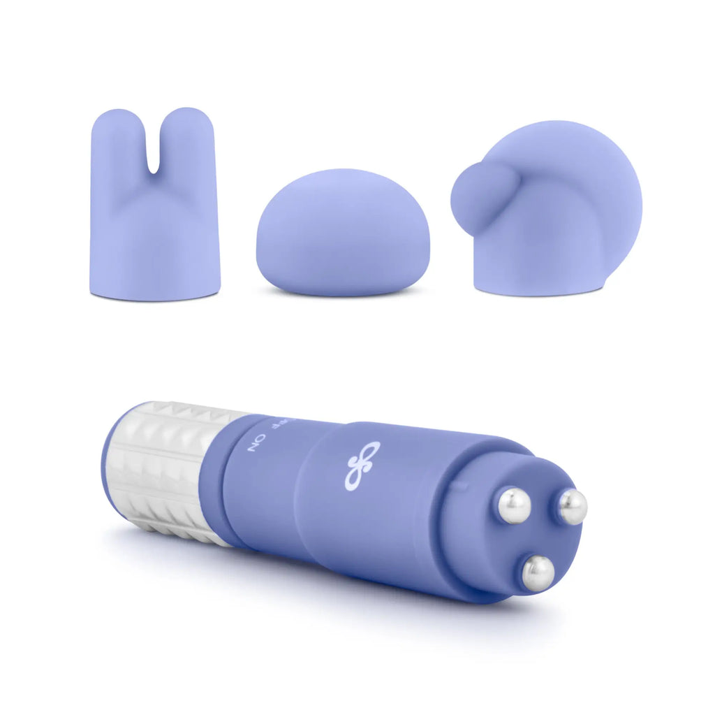 Purple silicone massage wand with three interchangeable heads and textured grip from rose rose revitalize massage kit periwinkle