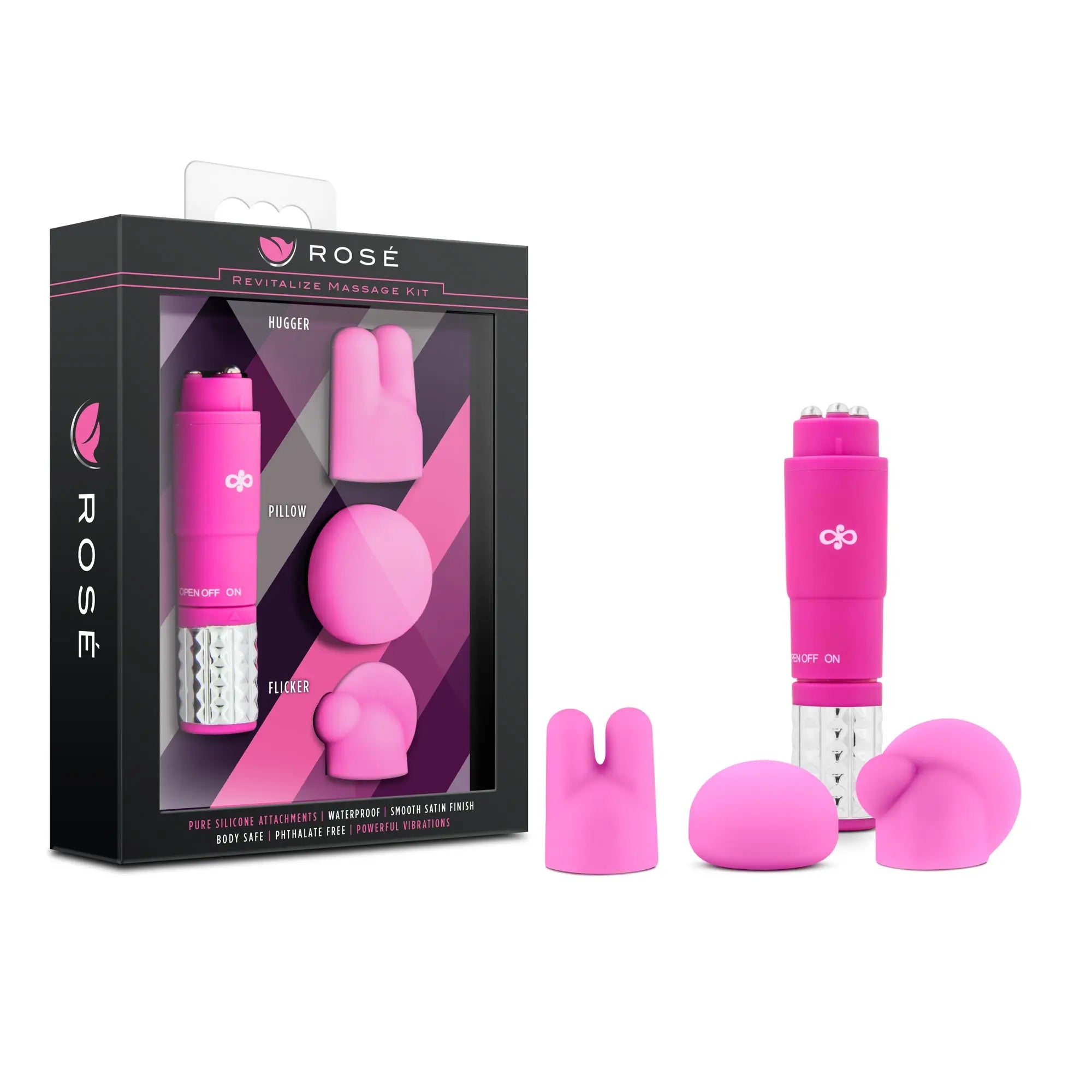 Bright pink Rose Rose Revitalize massage kit by rosé with sleek cylindrical base silver accents and silicone attachments