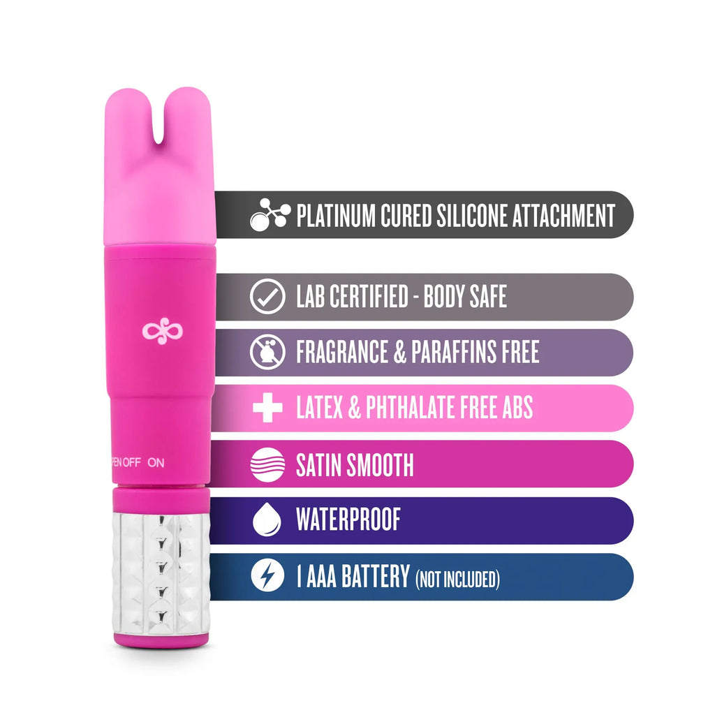 Pink bunny-shaped vibrator with platinum cured silicone attachment and satin smooth abs body in rose rose revitalize kit
