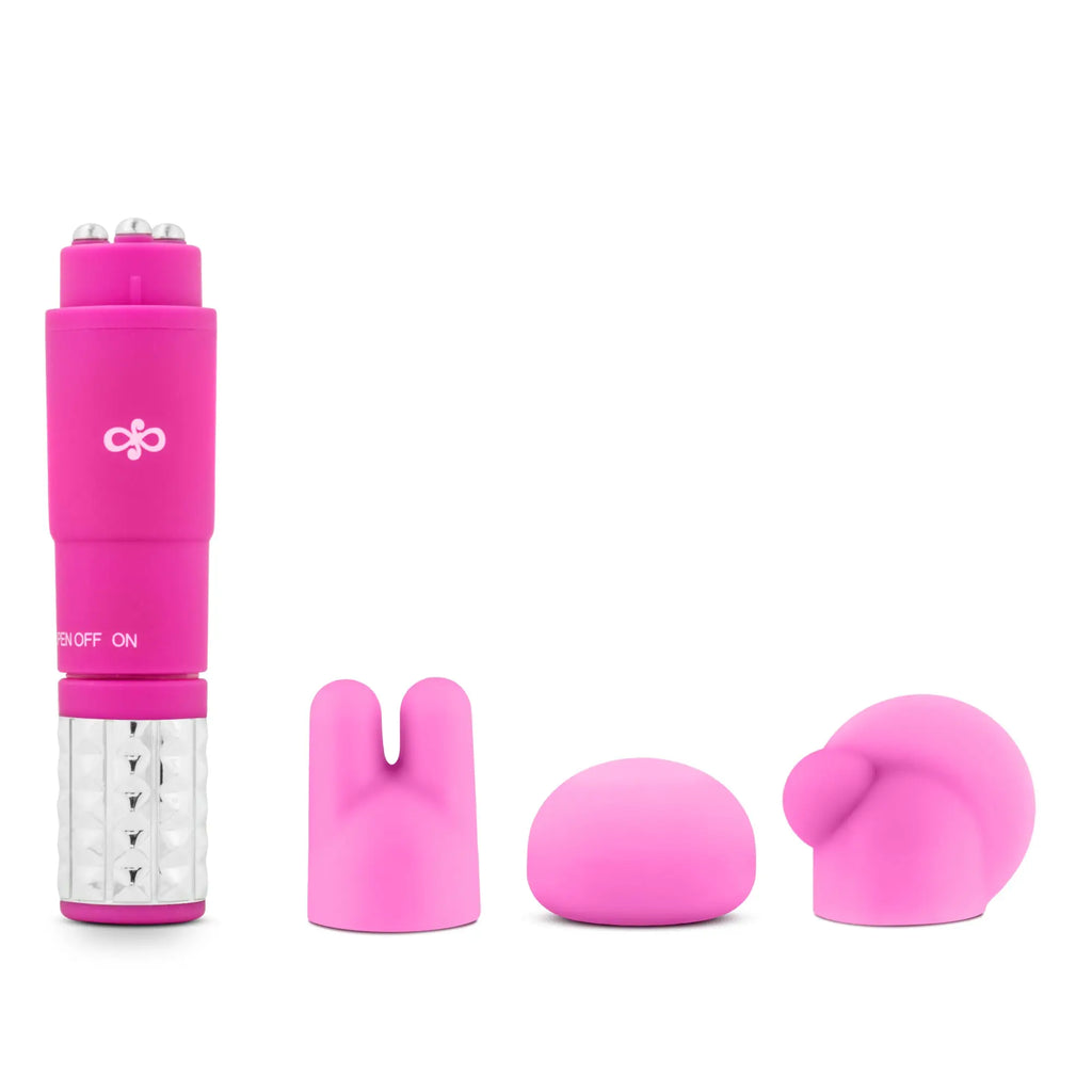 Pink silicone vibratory wand with interchangeable heads and clear textured base from rose rose revitalize massage kit