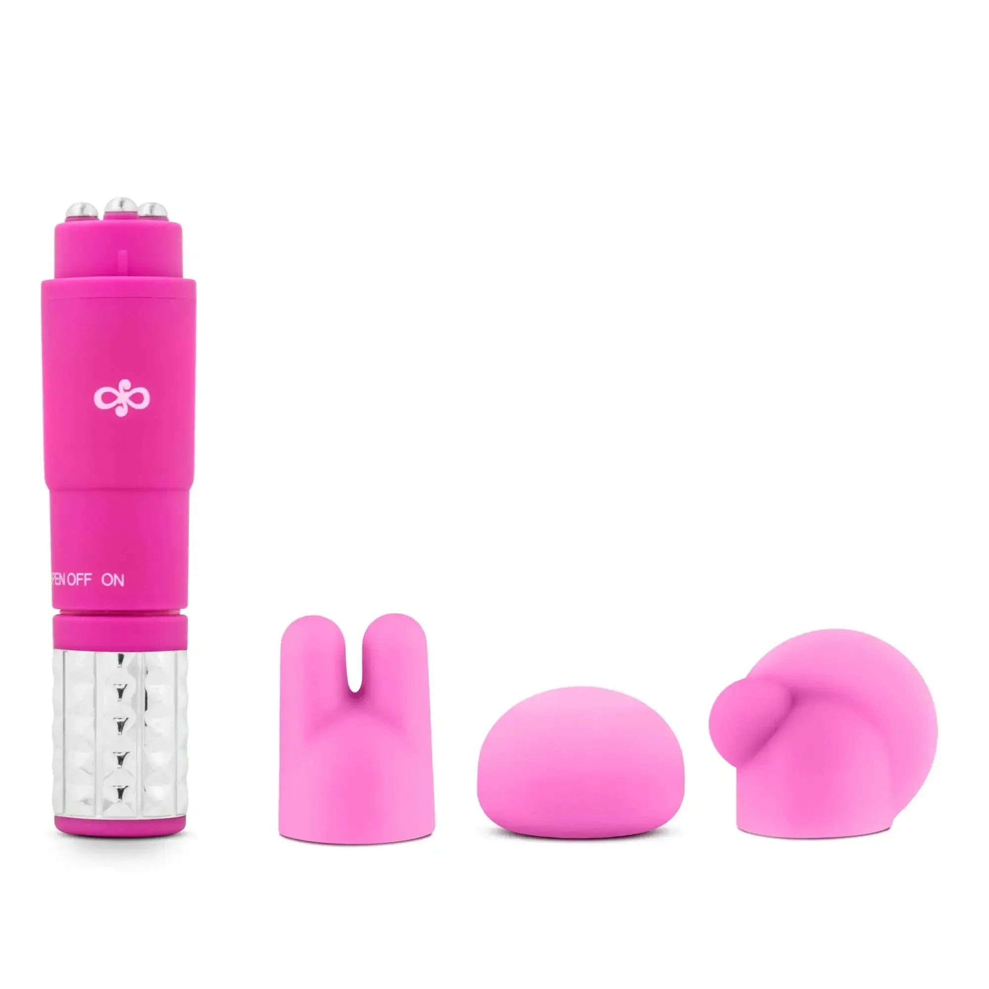 Pink silicone vibratory wand with interchangeable heads and clear textured base from rose rose revitalize massage kit