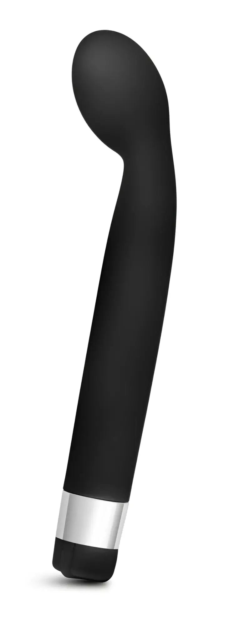 Rose Rose Scarlet G black curved vibrator in black with a silver metallic band near the base