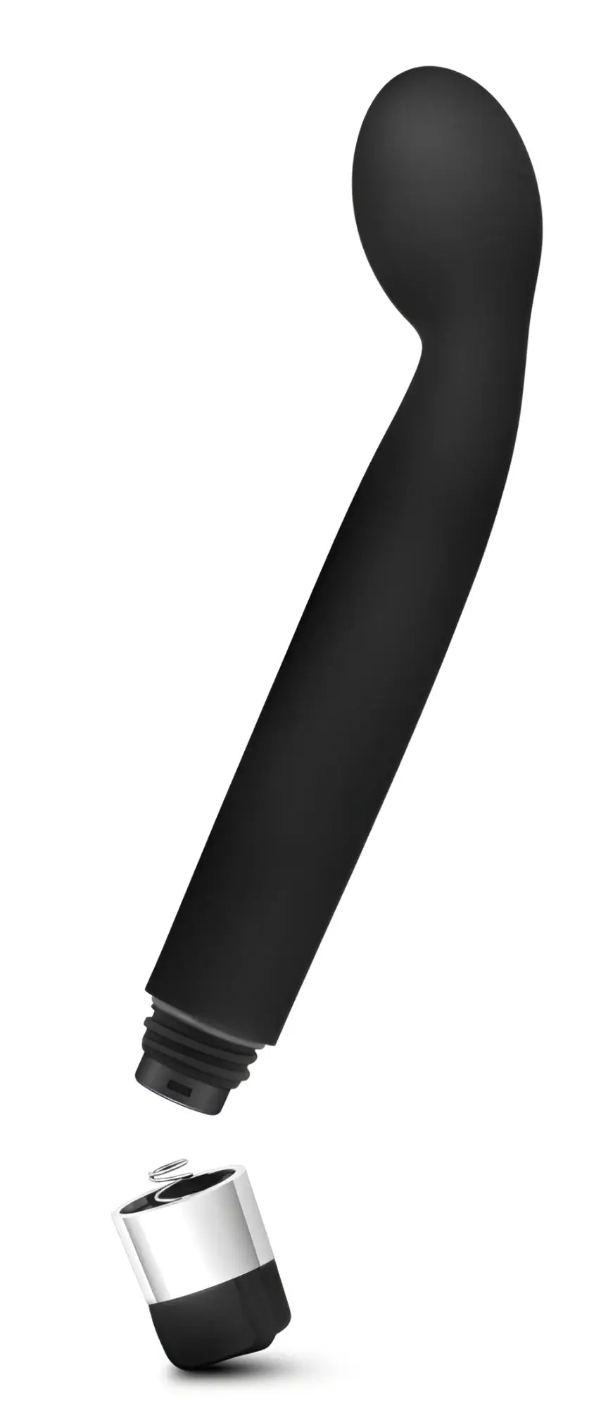 Black silicone vibratory wand with a silver and black cylindrical base from rose rose scarlet g black collection