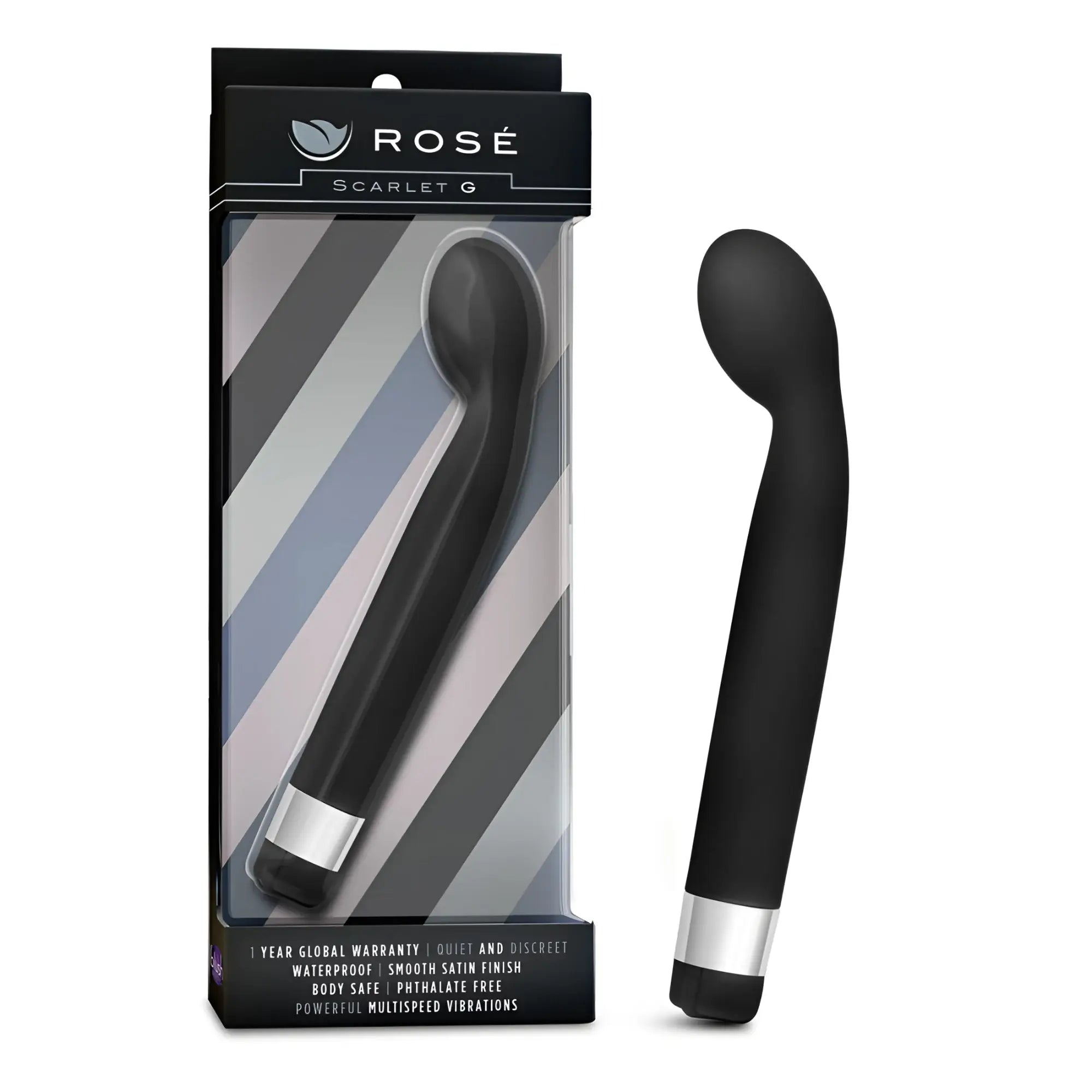 Black rose scarlet g vibratory wand with smooth satin finish and silver metallic band at the base