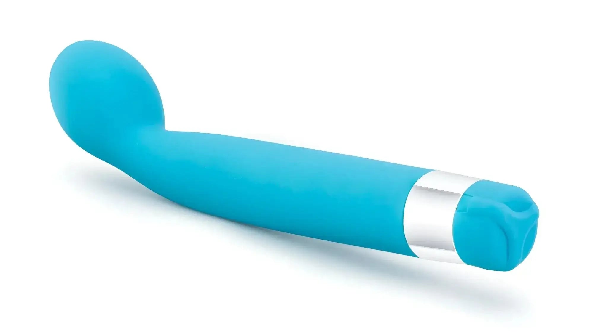 Turquoise silicone vibrator with silver metallic band near base from rose rose scarlet g blue collection