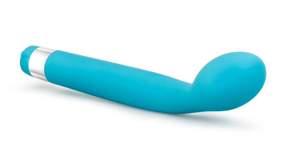 Turquoise silicone vibrato with a silver metallic band near the handle from rose rose scarlet g blue collection