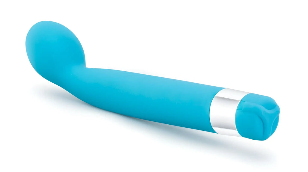 Turquoise silicone vibrator with silver metallic band near base from rose rose scarlet g blue collection