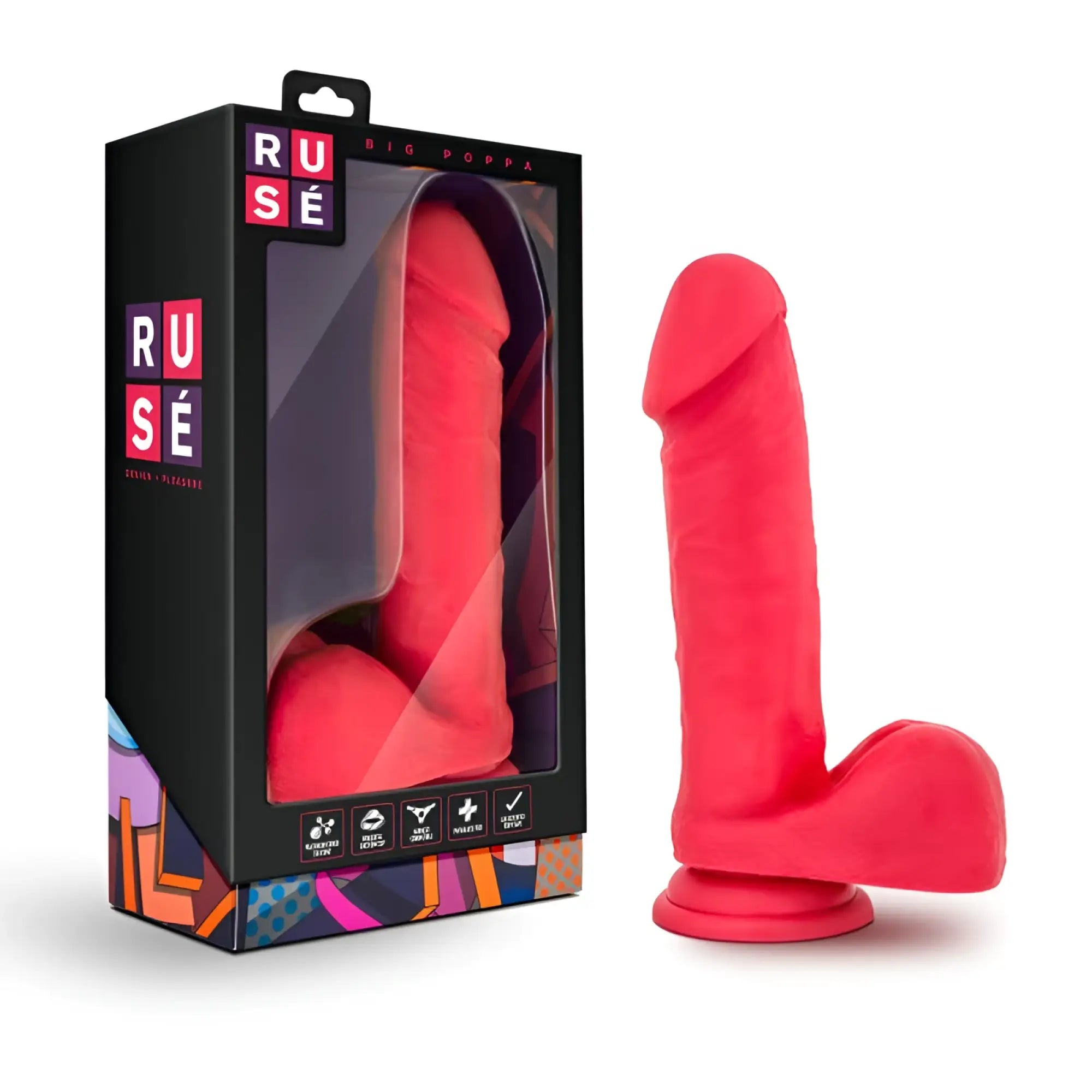 Bright red silicone phallus-shaped dildo from rusé displayed beside its black and colorful packaging